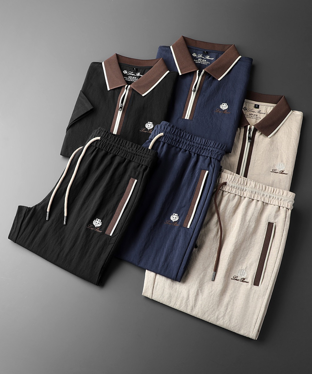 NO:735056,LP l*ro piana Italian brand 2026 new linen suit. This sports suit has a neat and capable lapel design, and contrasting lines outline a sense of fashion. It is made of custom-made imported linen material. It is not only fine in texture, soft to the touch, but also has excellent breathability. Even in the hot summer, it can give the wearer the most comfortable experience!  The body and trousers are embellished with classic logo embroidery, which is simple yet high-end. The drawstrings of the trousers are suitable for different waist sizes. They can be worn for daily outings and sports and fitness. It is easy to wear casual yet stylish, allowing you to freely embrace the vitality of daily life. Colors: khaki, blue, black, size M～4XL, loro piana,19860909LP l*ro piana诺悠翩雅意大利品牌 2026新款亚麻套装 这套运动套装,翻领设计利落干练,撞色线条勾勒时尚感,采用客供定制进口亚麻材质,不仅质地细腻,触感柔软,而且透气性极佳,即便是炎炎夏日,也能给予穿着者最舒适的体验！衣身与裤身经典徽标刺绣点缀,简约而不失高级 裤子抽绳适配不同腰围,日常出街、运动健身都能穿,轻松拿捏随性又不失格调的穿搭,让你自在拥抱活力日常 . 颜色；卡其色、蓝色、黑色、 码数M～4XL,,loro piana,,Men's clothing