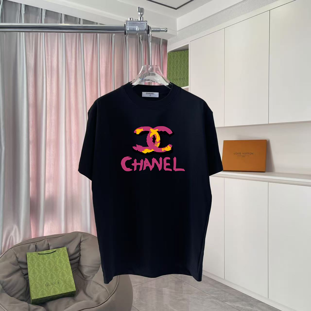 Chanel CHANEL nuevo verano 2025, camiseta de manga corta con logo de doble C impreso, tela personalizada 300g…