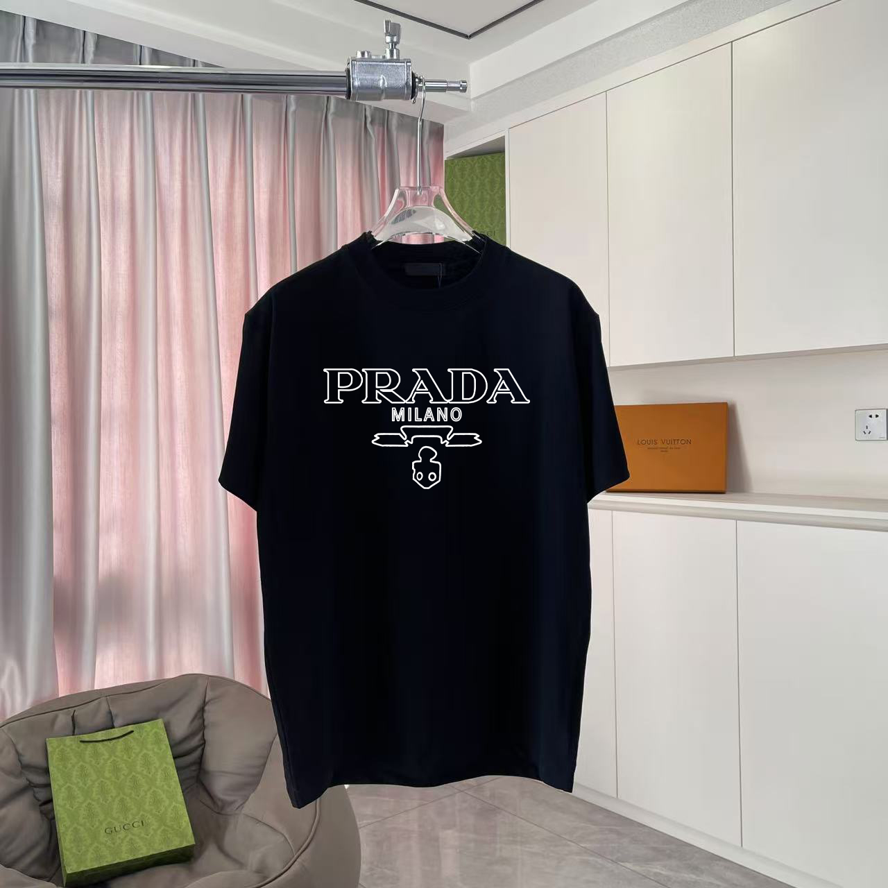 PRAD*Prada 2025 nuevo estilo de verano, impresión de logotipo de letra personalizada, tela personalizada 300 g, camiset…