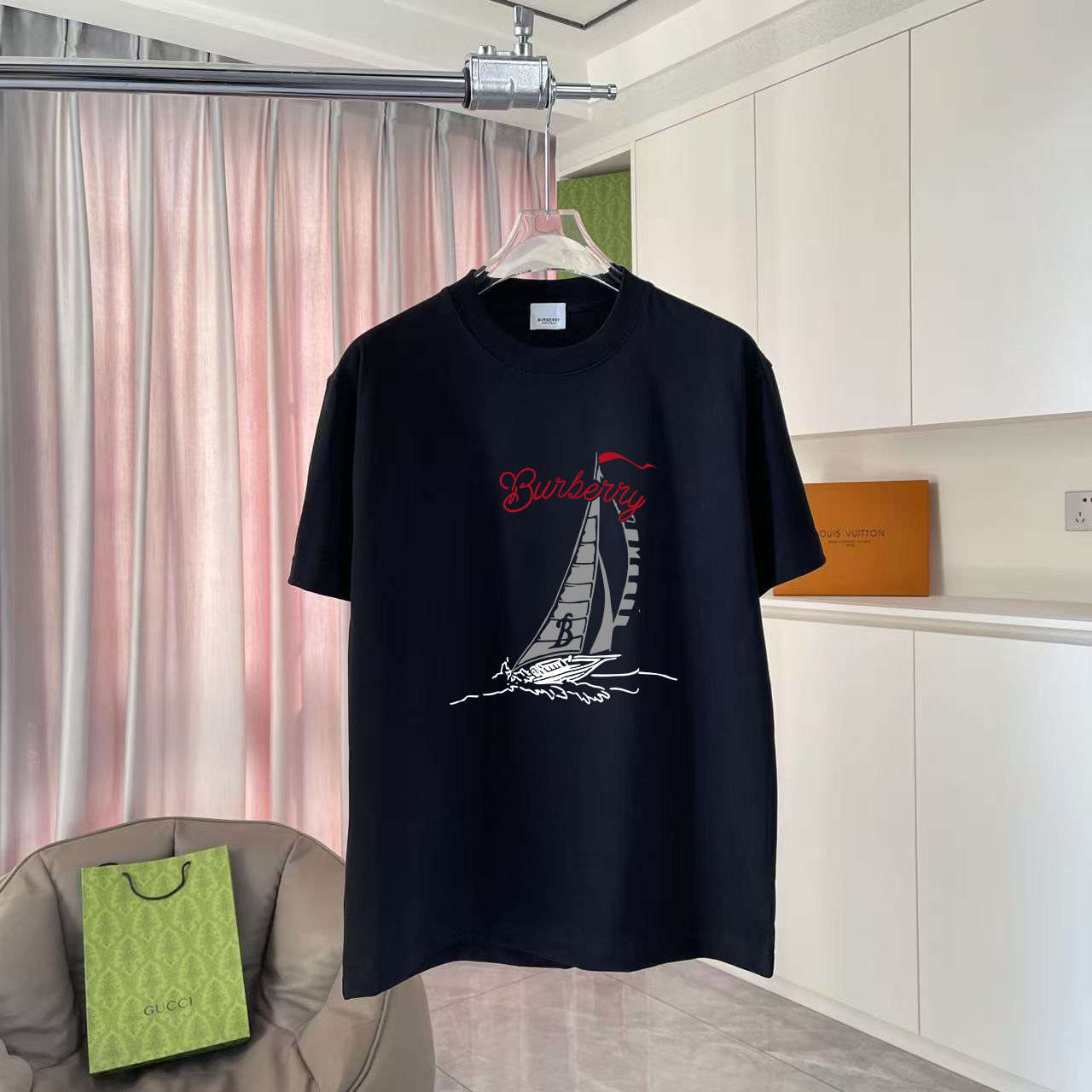 BUR Burberry 2025 verano nuevo estilo letra personalizada impresión del logotipo tela personalizada 300 g camiseta de m…