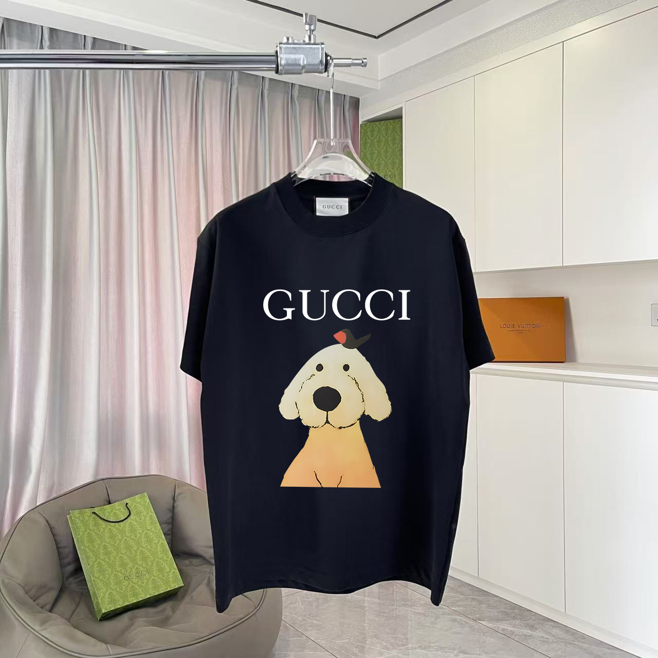 GUCC*Gucci 2025 verano nuevo estilo, camiseta de manga corta con estampado de logo de letras personalizado, tejido pers…