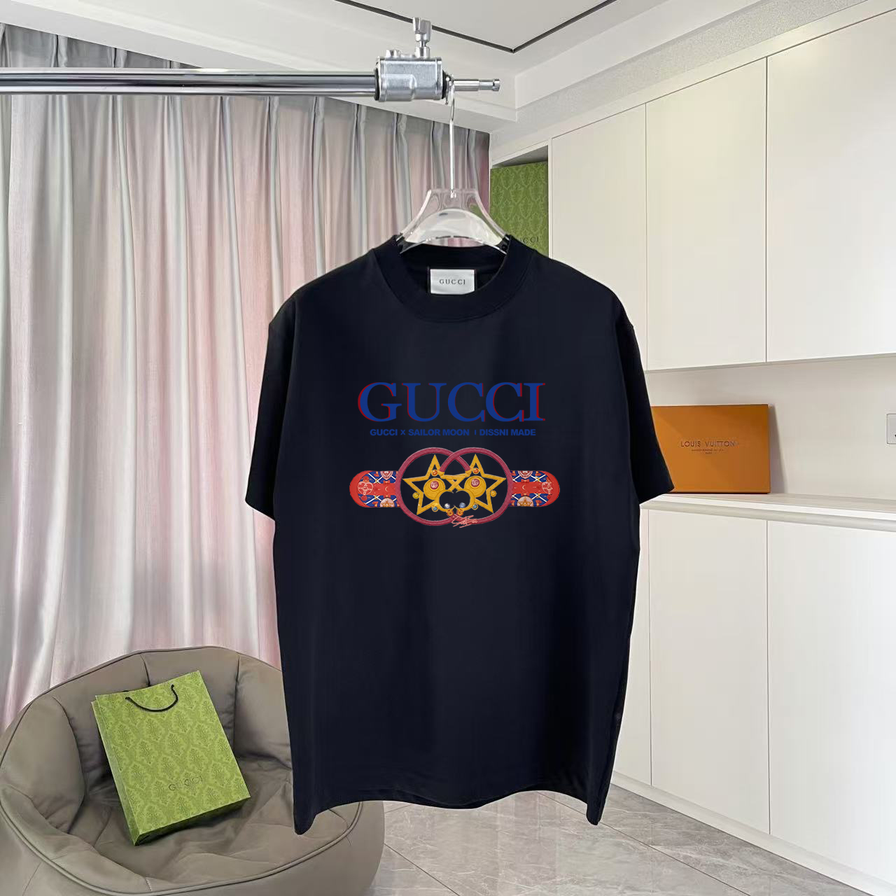 GUCC* nuevo de verano 2025, camiseta de manga corta con estampado de letras logo personalizado, tela personalizada de 3…