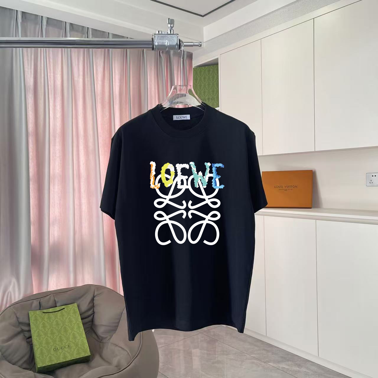 🅿️85 Loew* Nuevo de otoño 2025, camiseta de manga corta con estampado de logo de letras personalizado, tela personaliz…