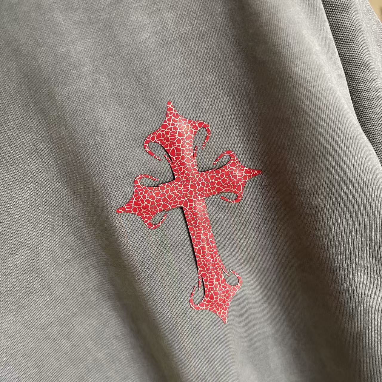 Chrome Hearts ch克罗*2026夏季新款 洗水做旧磨破 梵文马蹄十字架 短袖t恤 定制面料320g