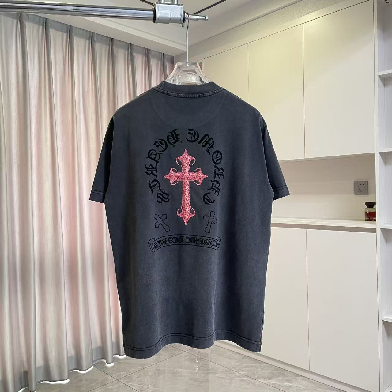 Chrome Hearts ch克罗*2026夏季新款 洗水做旧磨破 梵文马蹄十字架 短袖t恤 定制面料320g