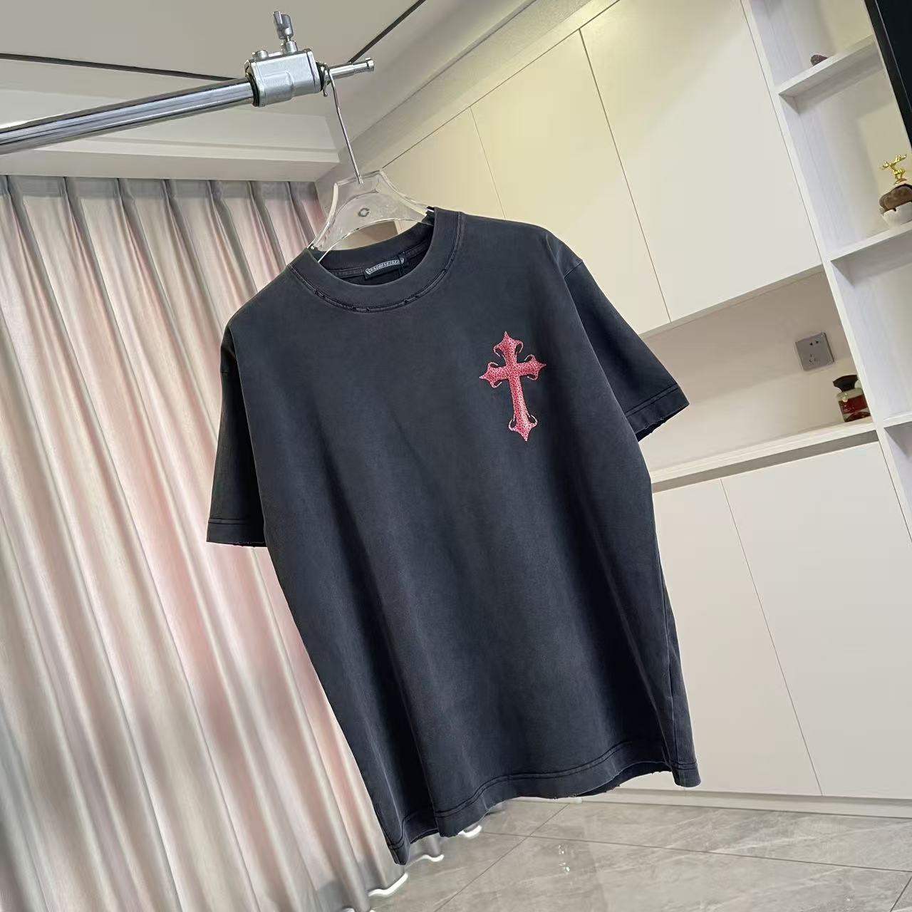 Chrome Hearts ch克罗*2026夏季新款 洗水做旧磨破 梵文马蹄十字架 短袖t恤 定制面料320g