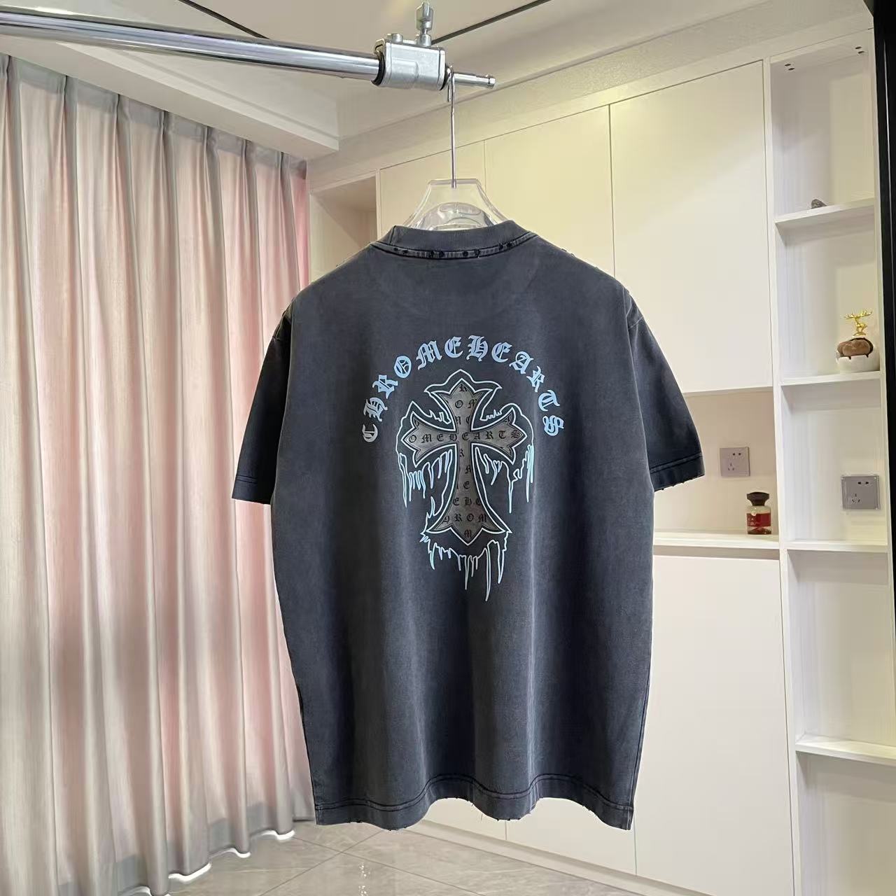 Chrome Hearts ch克罗*2026夏季新款 洗水做旧磨破 梵文马蹄十字架 短袖t恤 定制面料320g