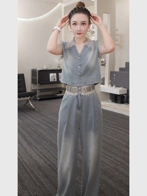 Denim & Lace Set: Short Sleeve Top & Wide Leg Pants - Chic & Flattering 1 Denim & Lace Set: Short Sleeve Top & Wide Leg Pants - Chic & Flattering