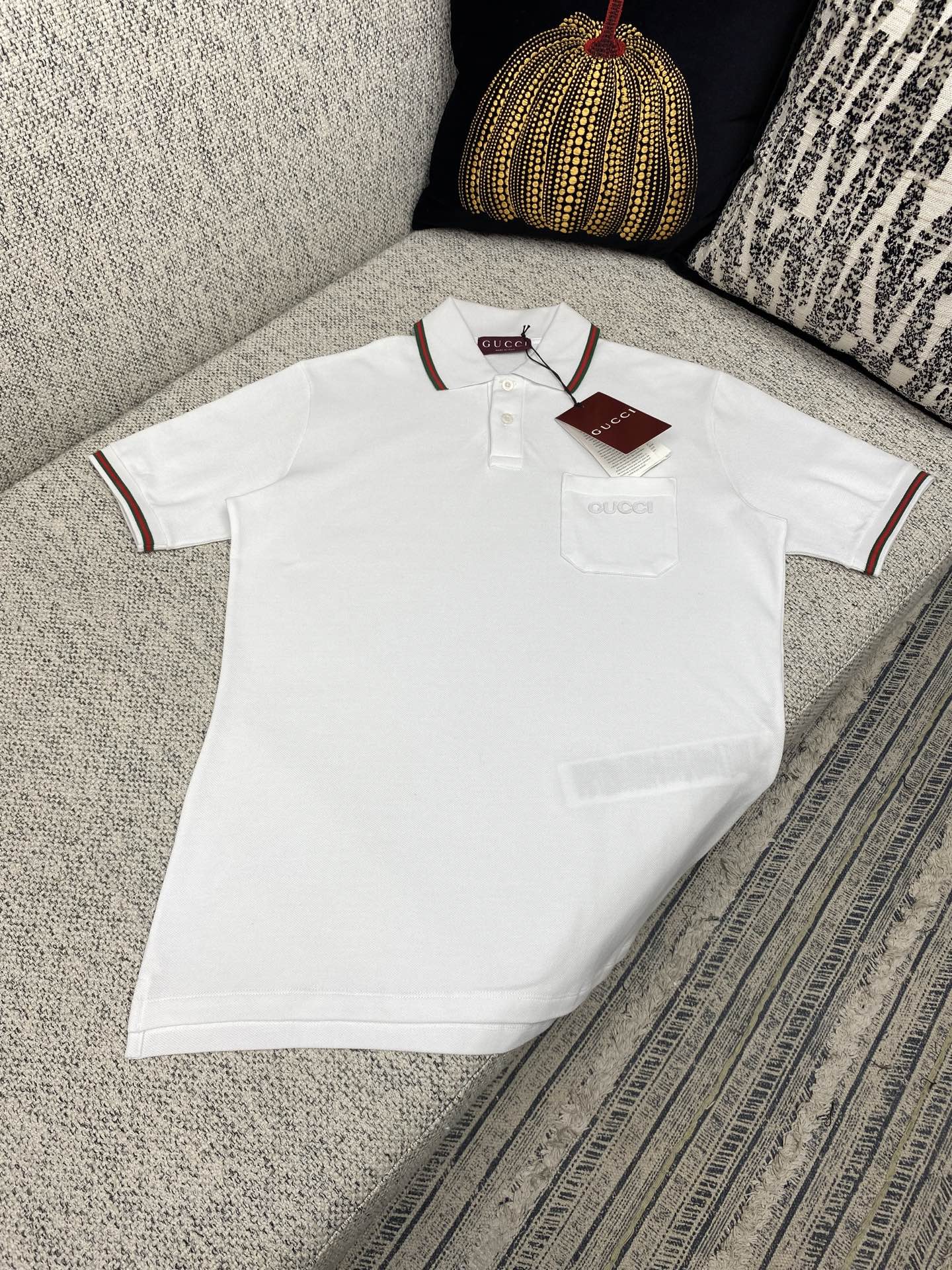 Gucci Men's White Polo Shirt with Embroidered Logo and Striped Trim