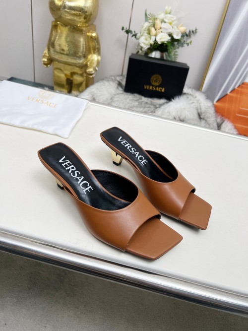 Versace Women's V-Heel Leather Mules Slides Sandals - Brown, Sizes 35-44 1 Versace Women's V-Heel Leather Mules Slides Sandals - Brown, Sizes 35-44