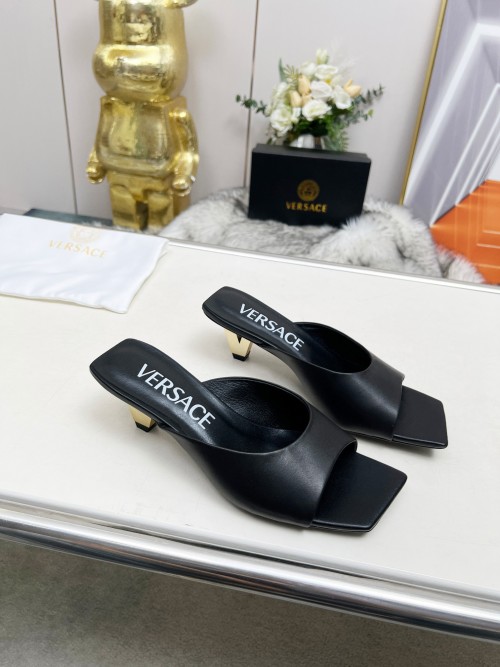 Versace V-Heel Leather Mules - Black Leather, 6cm Heel Height, Italian Made 1 Versace V-Heel Leather Mules - Black Leather, 6cm Heel Height, Italian Made