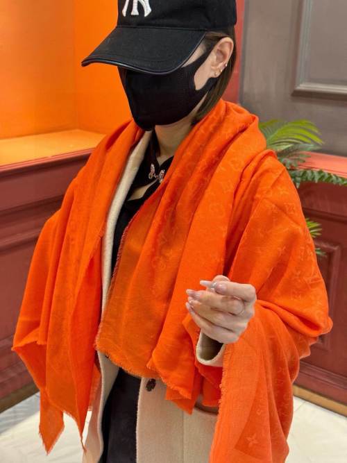 Louis Vuitton Jacquard Silk Cashmere Shawl, Designer Scarf, 140*140cm - Orange 1 Louis Vuitton Jacquard Silk Cashmere Shawl, Designer Scarf, 140*140cm - Orange