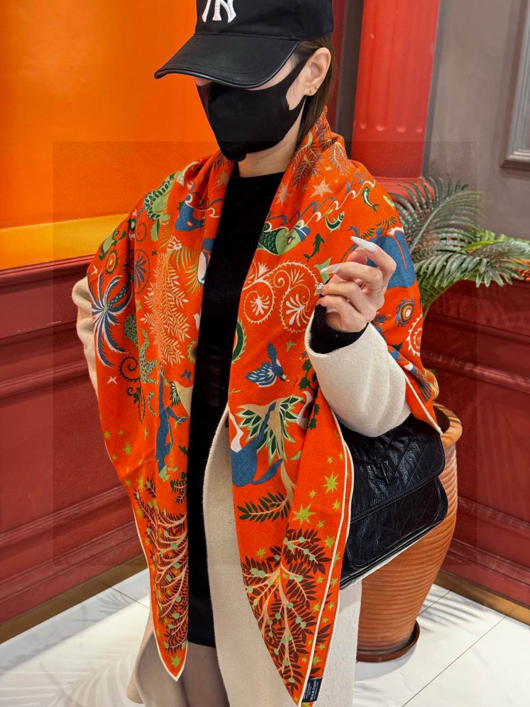 Hermes 140cm Cashmere Silk Scarf, Maya Forest Design, Double-Sided, Coral