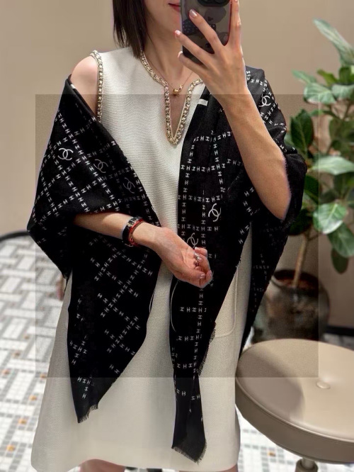 Chanel Double C Logo Grid 140cm Cashmere Scarf, Black/White - Luxurious & Chic 1 Chanel Double C Logo Grid 140cm Cashmere Scarf, Black/White - Luxurious & Chic