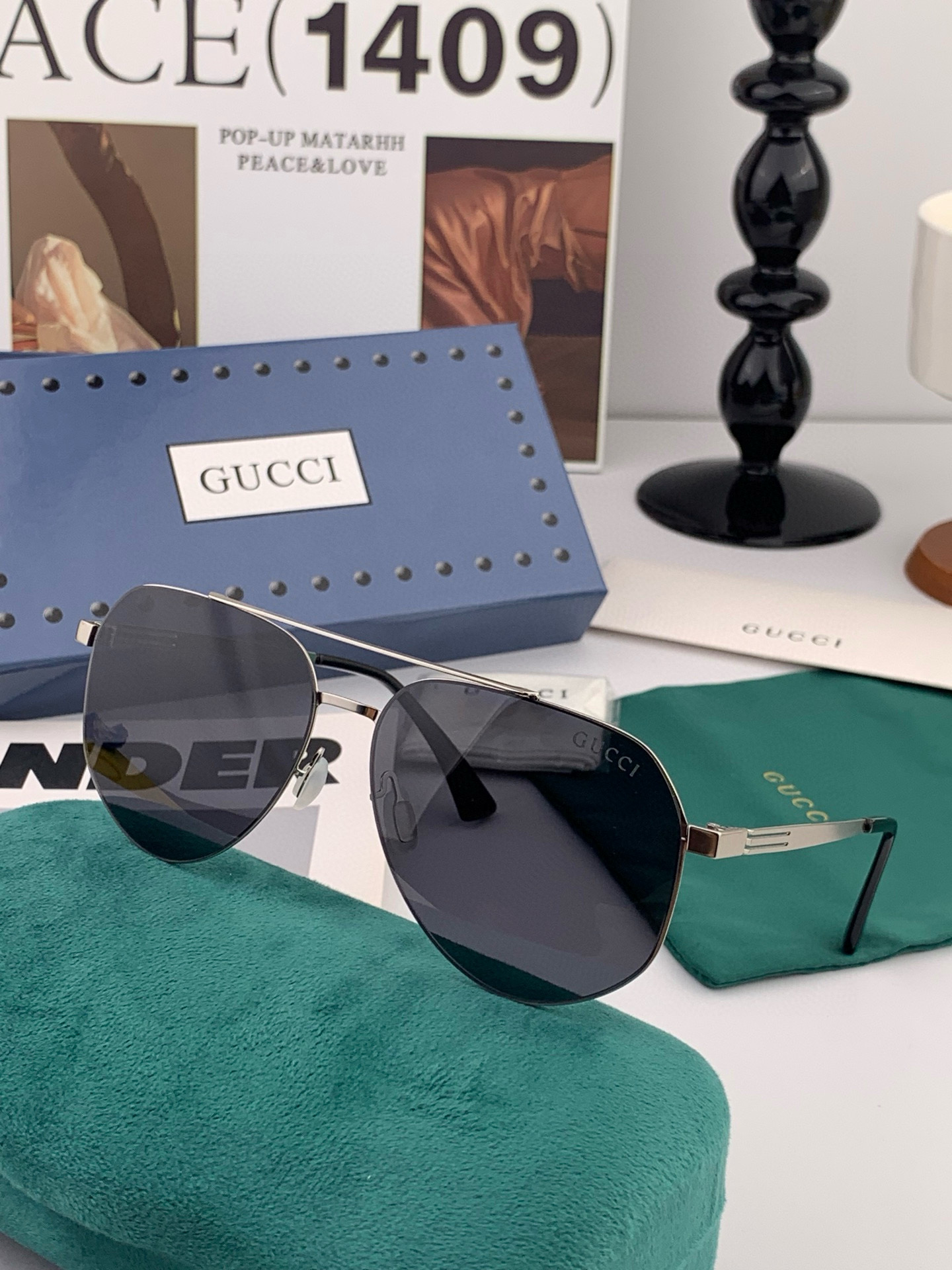        GUCCI 男款炫彩飞行员偏光太阳镜 ❤️材质：高清尼龙加厚卡槽高清偏光镜片 🌹无边框镜架