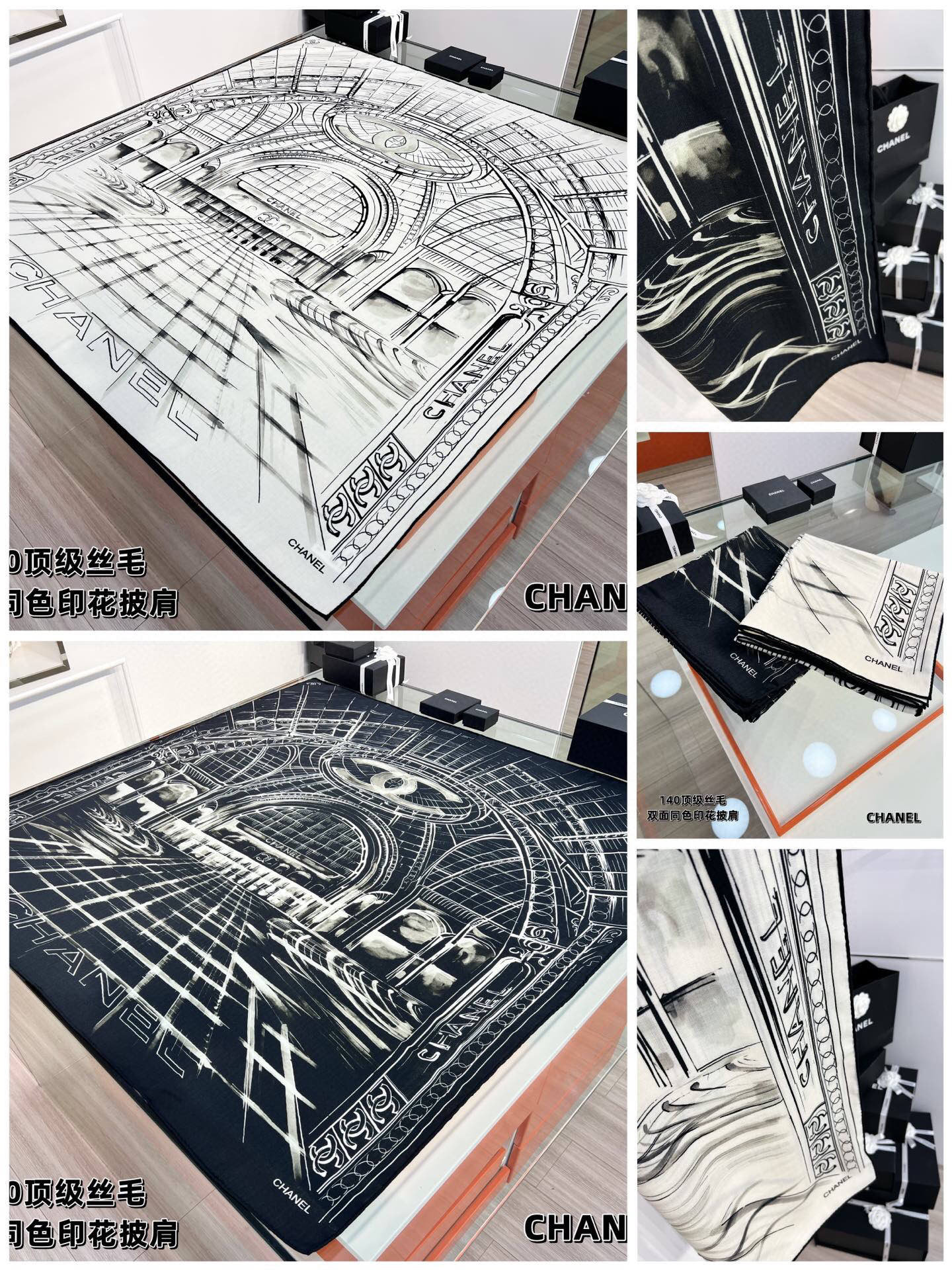 CHANEL ~25秋冬新品【140顶级丝毛双面同色】披肩的图案是巴黎大皇宫中被命名为“Gabriell