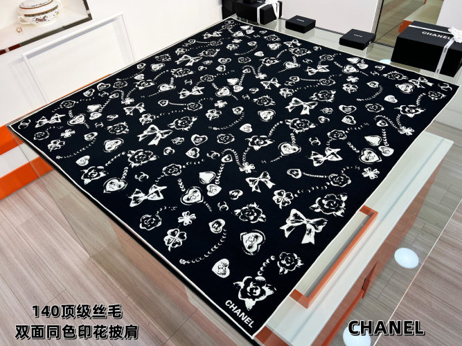Chanel Black & White Silk/Wool Scarf with Hearts, Bows & Clover Design 1 Chanel Black & White Silk/Wool Scarf with Hearts, Bows & Clover Design
