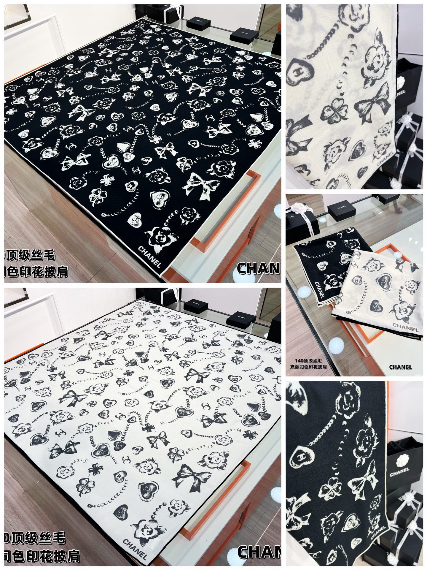 Chanel ~25秋冬新品～【爱心珍珠四叶草】【140双面丝毛披肩】手工卷边丝毛方巾（30%桑蚕丝70