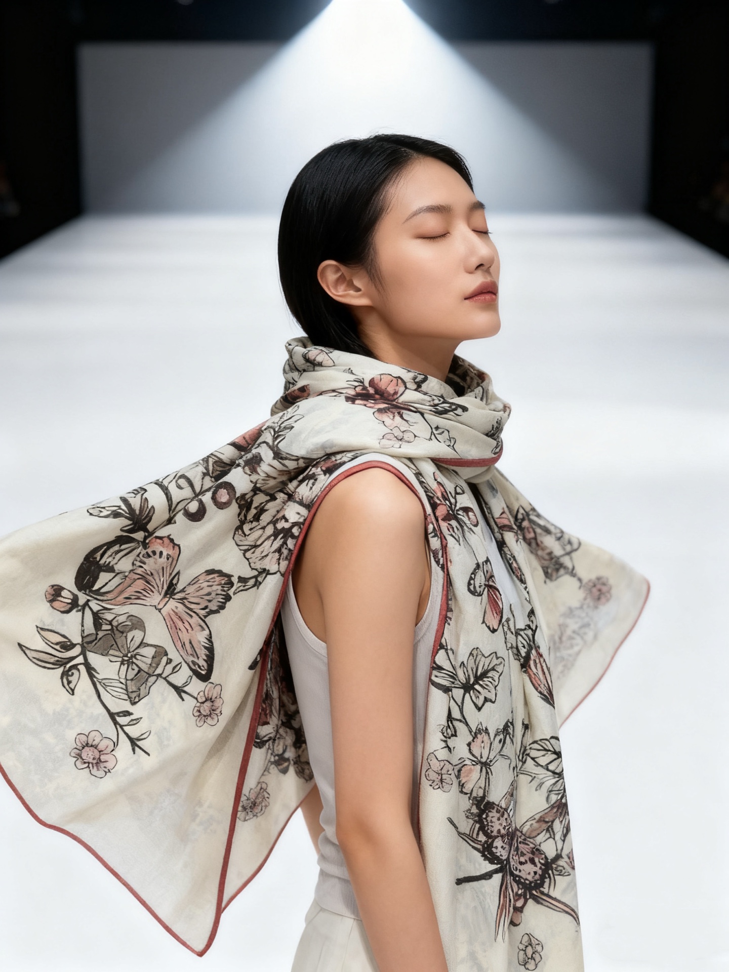 这款披肩饰以 Dior Camo PaPillon 图案，以优雅而诗意的设计全新演绎蝴蝶主题。采用真丝羊