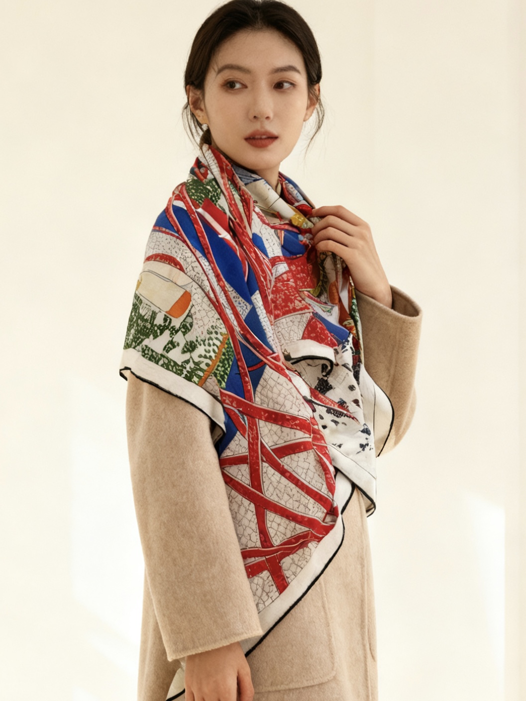 “爱马之约”140双面丝绒披肩手工卷边丝绒方巾（30%桑蚕丝70%羊绒）这款经典单品展现强大而迷人的女性