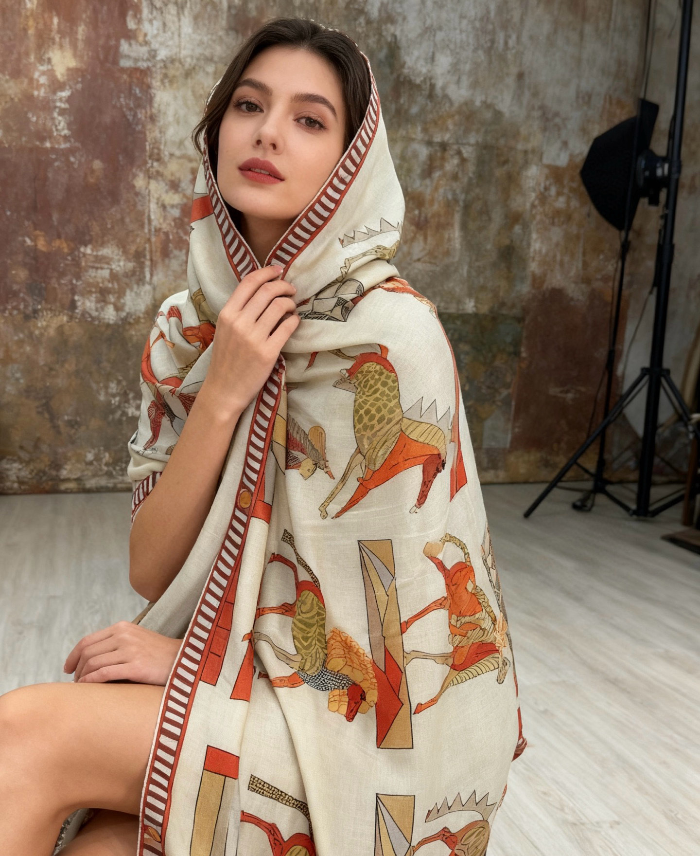 “全速前进”140双面丝毛披肩手工卷边丝毛方巾(30%桑蚕丝70%羊毛)这款经典单品展现强大而迷人的女性