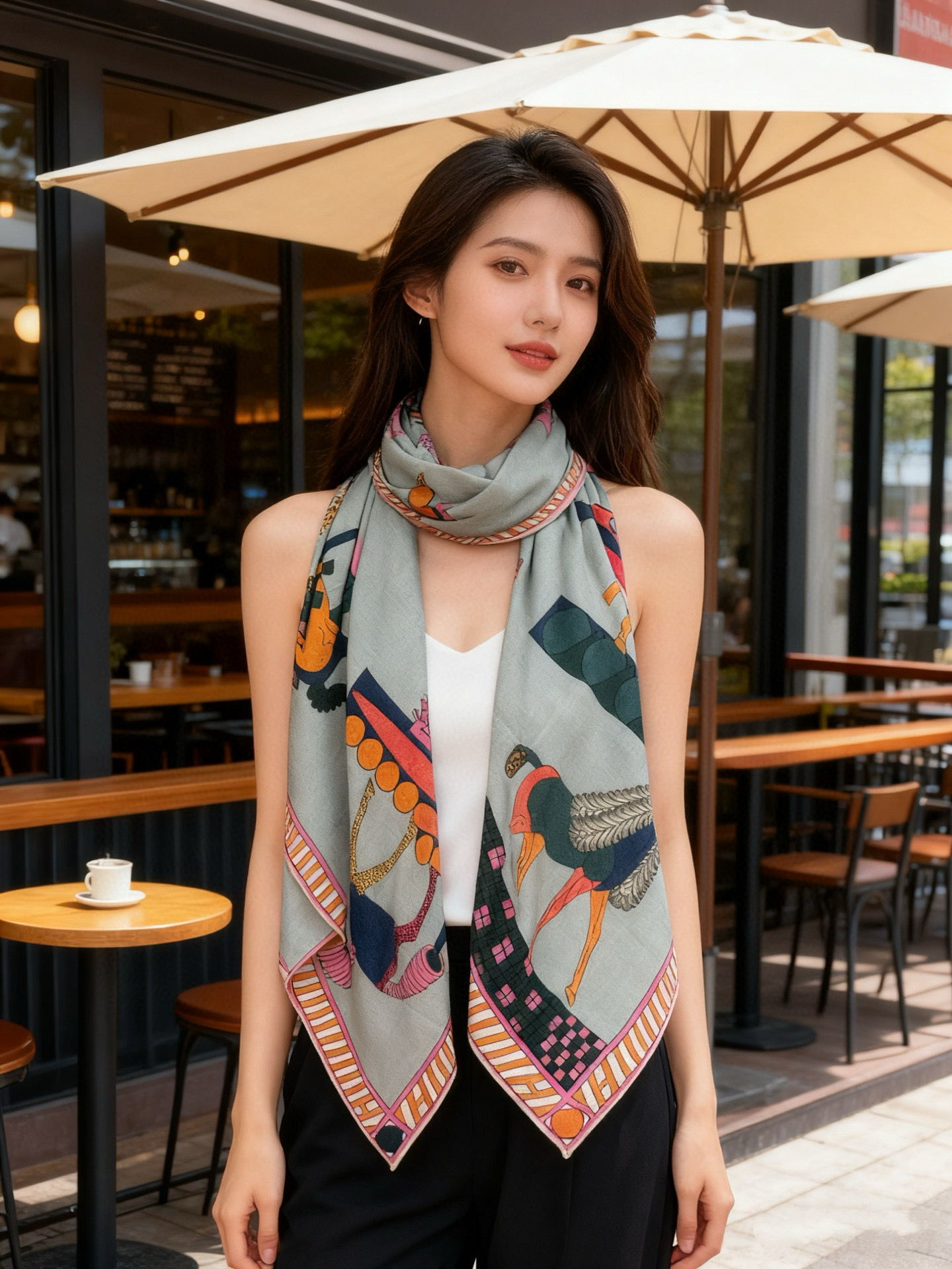 “全速前进”140双面丝毛披肩手工卷边丝毛方巾（30%桑蚕丝70%羊毛）这款经典单品展现强大而迷人的女性