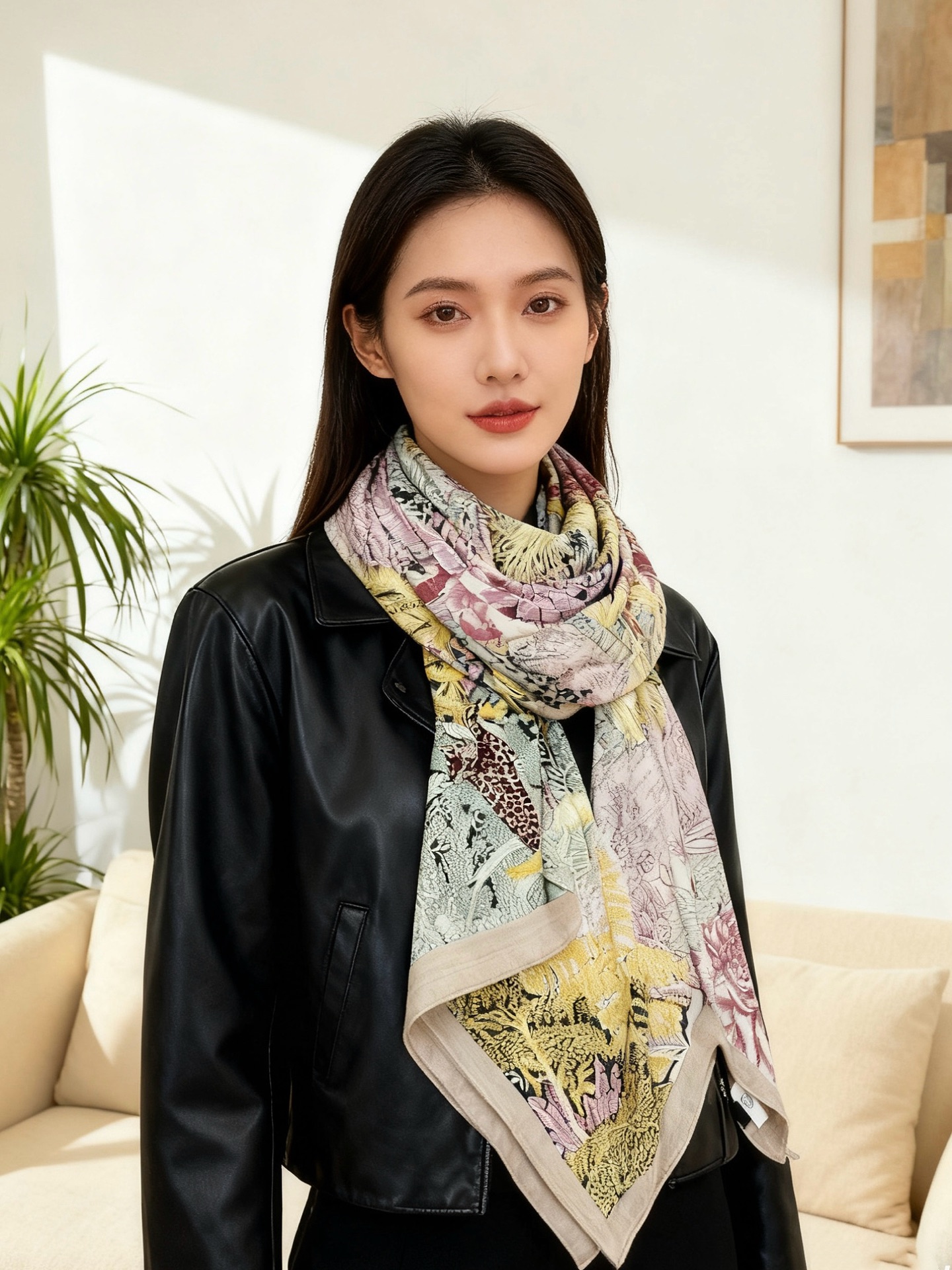 重磅推荐的140顶级丝绒双面异色披肩《回归自然》 披肩尺寸:140*140方巾 70%羊绒30%真丝这张