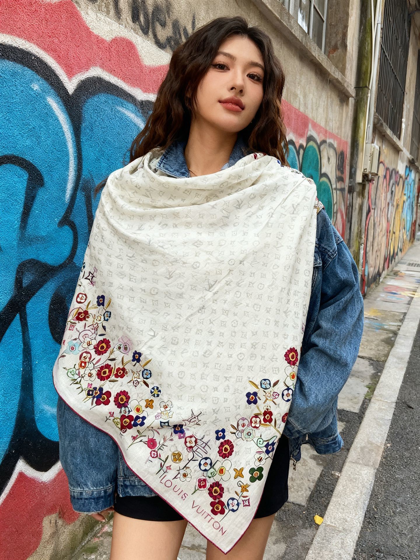 LV x TM SUPERFLAT FLOWERS 140 披肩【140顶级丝绒双面同色印花】LV x