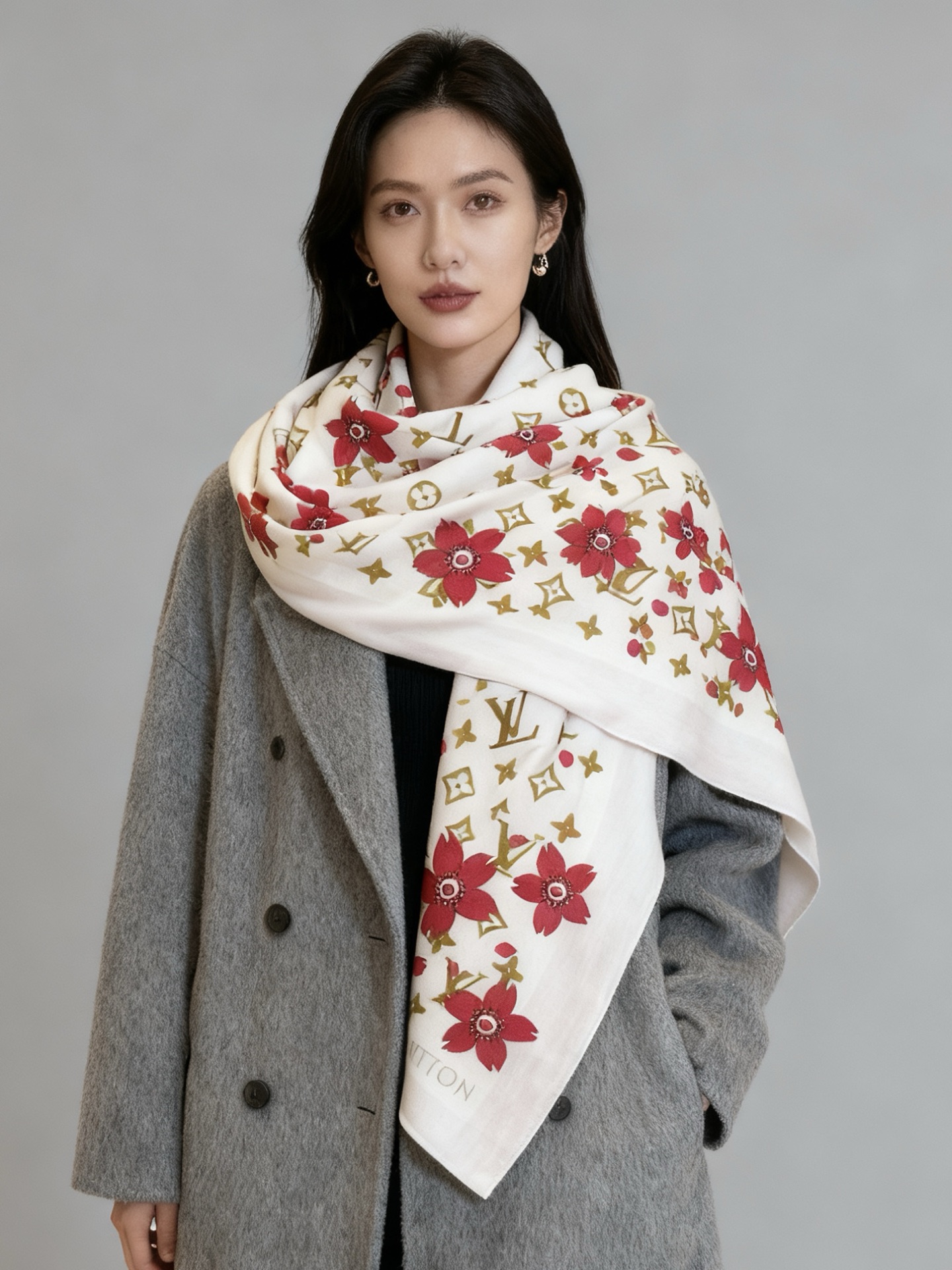 LV x TM MONOGRAM CHERRY BLOSSOM 【140顶级丝绒双面同色披肩】本款丝绒披