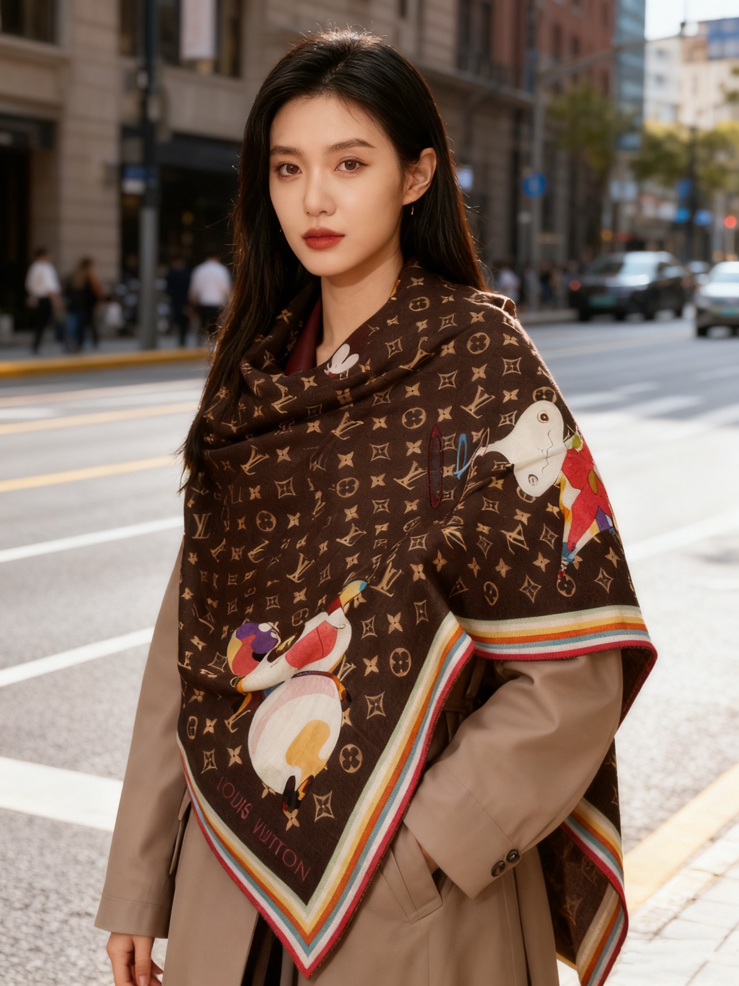 LV x TM SUPERFLAT 140丝绒方巾【140真丝羊毛双面同色披肩】LV x TM Mono