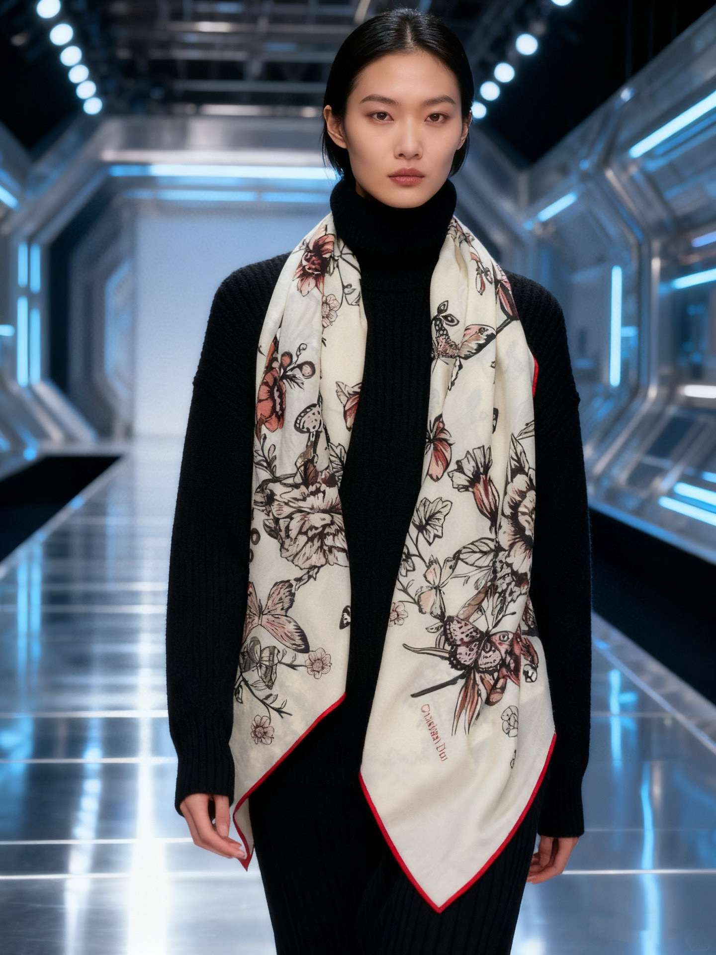 这款披肩饰以 Dior Camo PaPillon 图案，以优雅而诗意的设计全新演绎蝴蝶主题。采用真丝羊