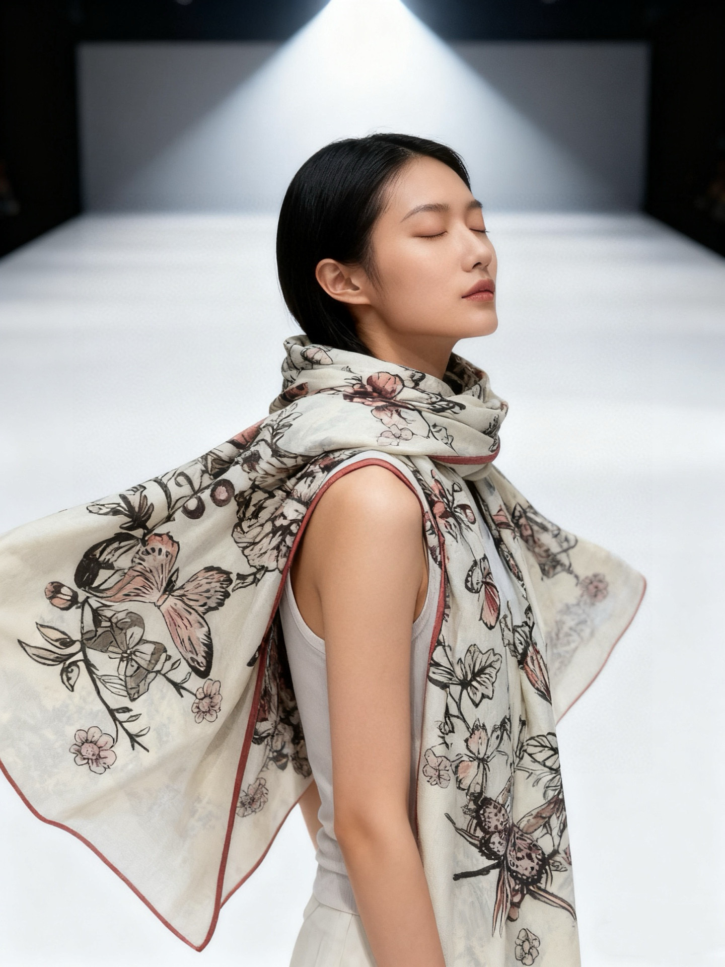 这款披肩饰以 Dior Camo PaPillon 图案,以优雅而诗意的设计全新演绎蝴蝶主题。采用真丝羊