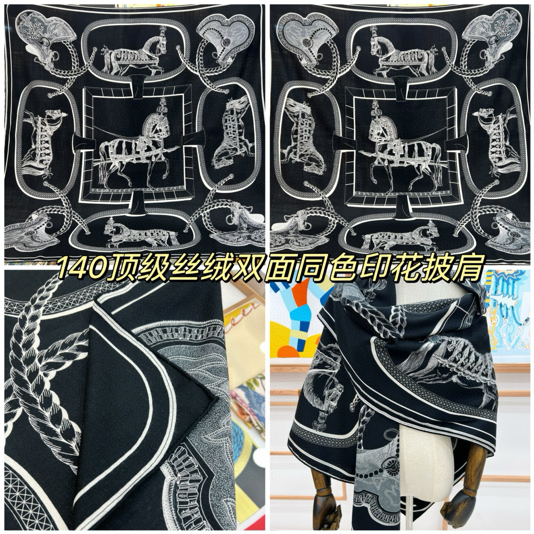 “盛宴”140厘米丝绒高级黑方巾【双面同色】手工卷边丝绒真丝方巾（30%真丝70%羊绒）这款典藏方巾展现