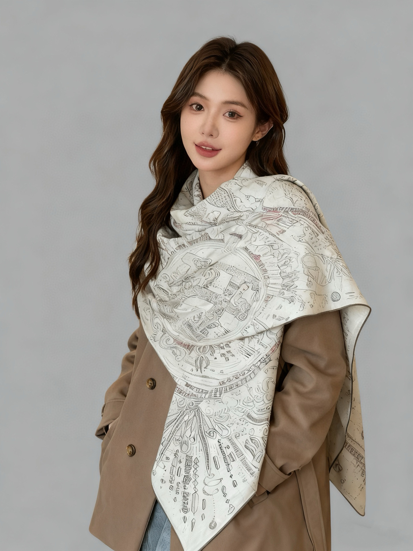 “正在接通中”140方巾～Hermes 手工卷边丝绒方巾（30%桑蚕丝70%羊绒）这款爱马仕的经典单品展