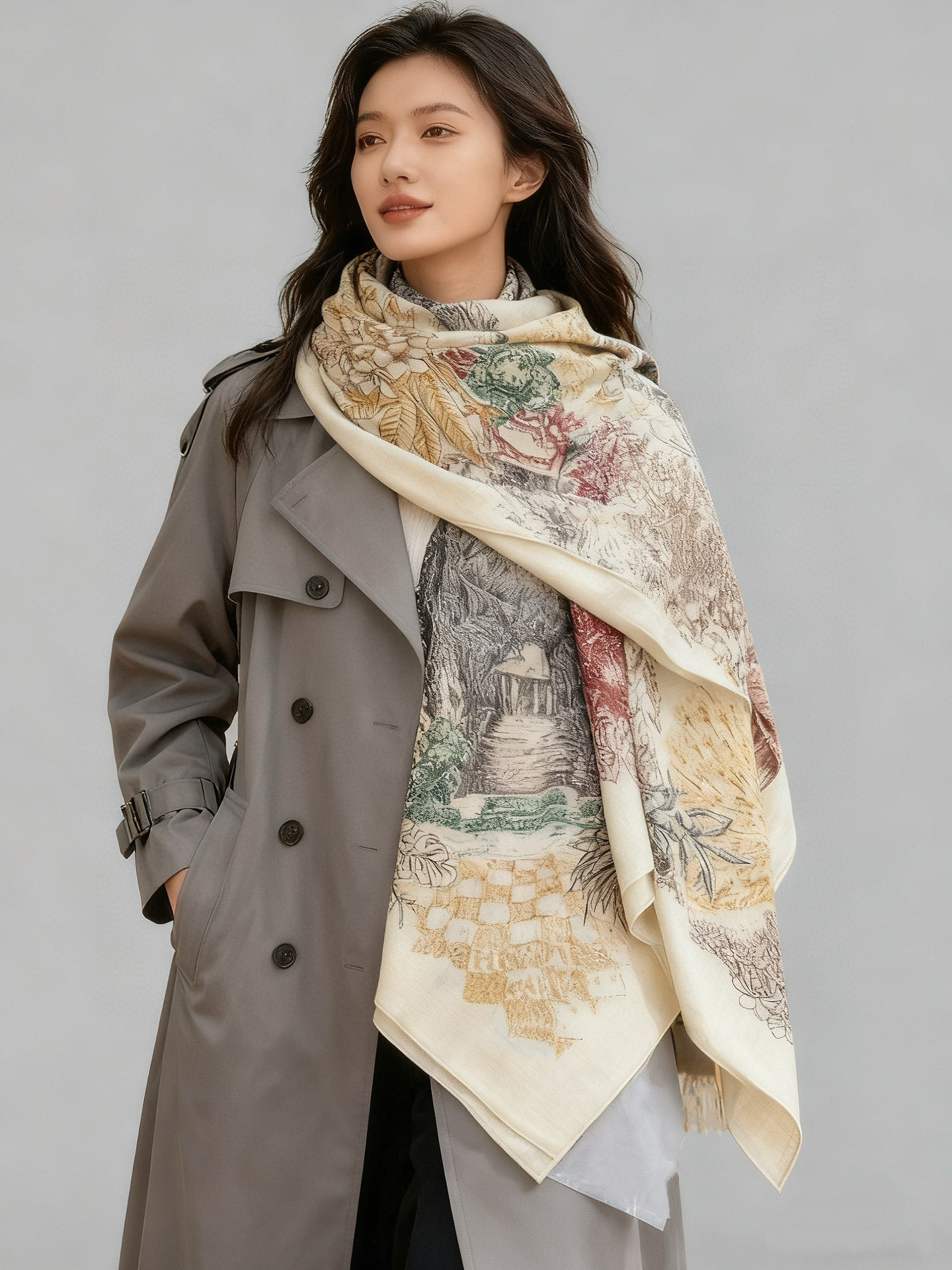 重磅推荐的140顶级丝绒双面异色披肩《回归自然》 披肩尺寸：140*140方巾 70%羊绒30%真丝这张