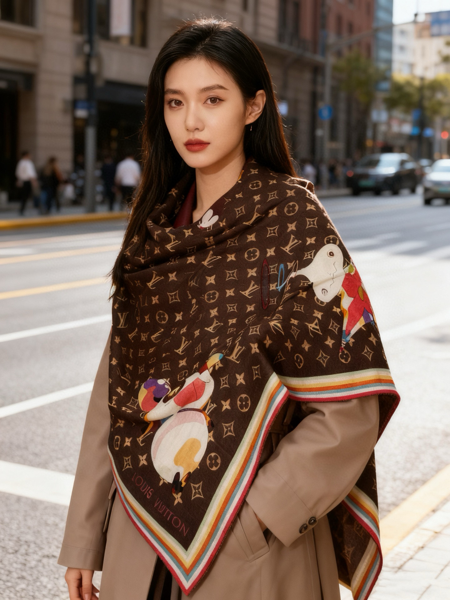 LV x TM SUPERFLAT 140丝绒方巾【140真丝羊绒双面同色披肩】LV x TM Mono