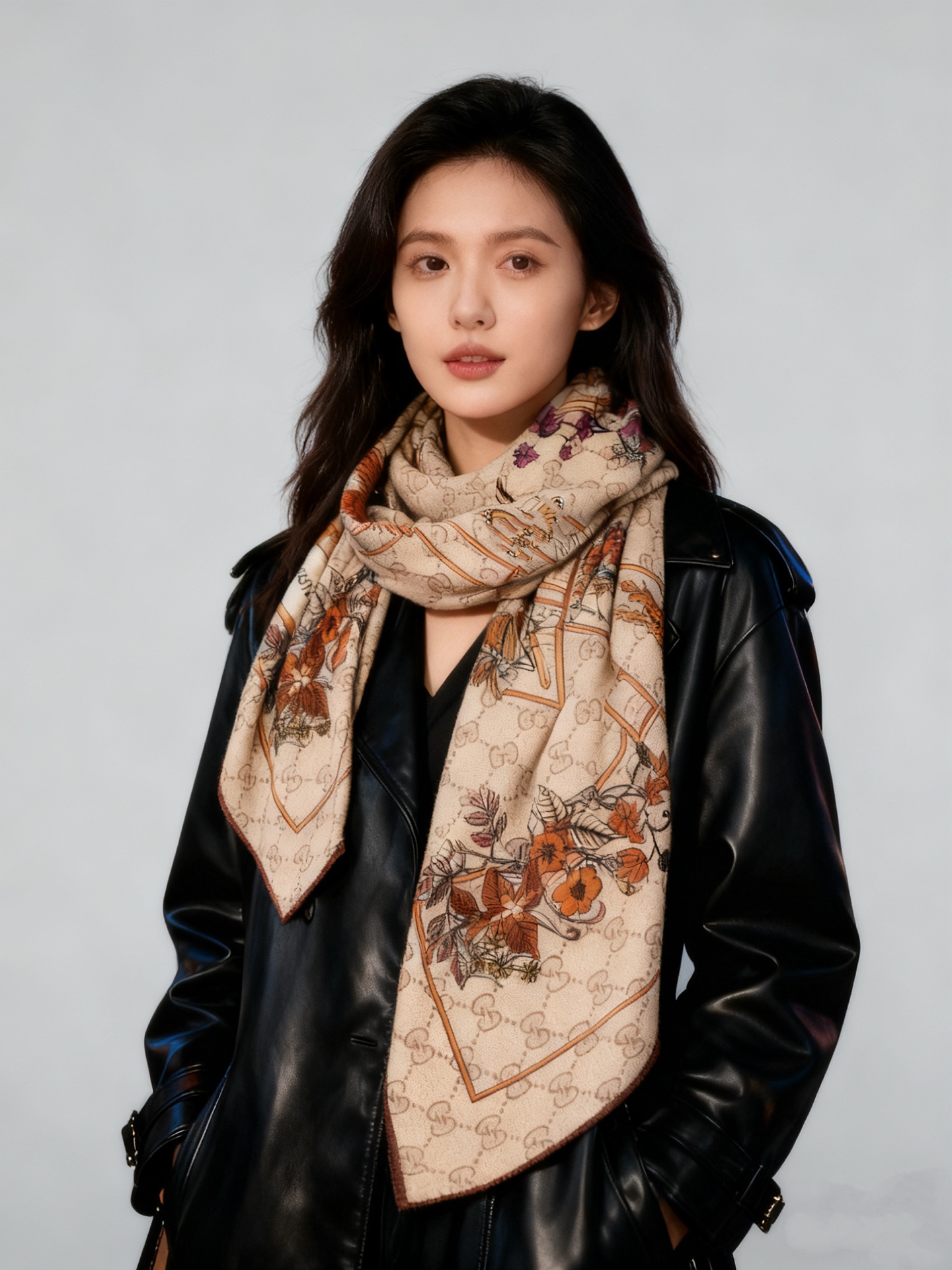 Gucci新款方巾 Gucci动物和花卉印花品牌典藏图案在与全新醒目印花的衬托下熠熠生辉。这款方巾匠心缀