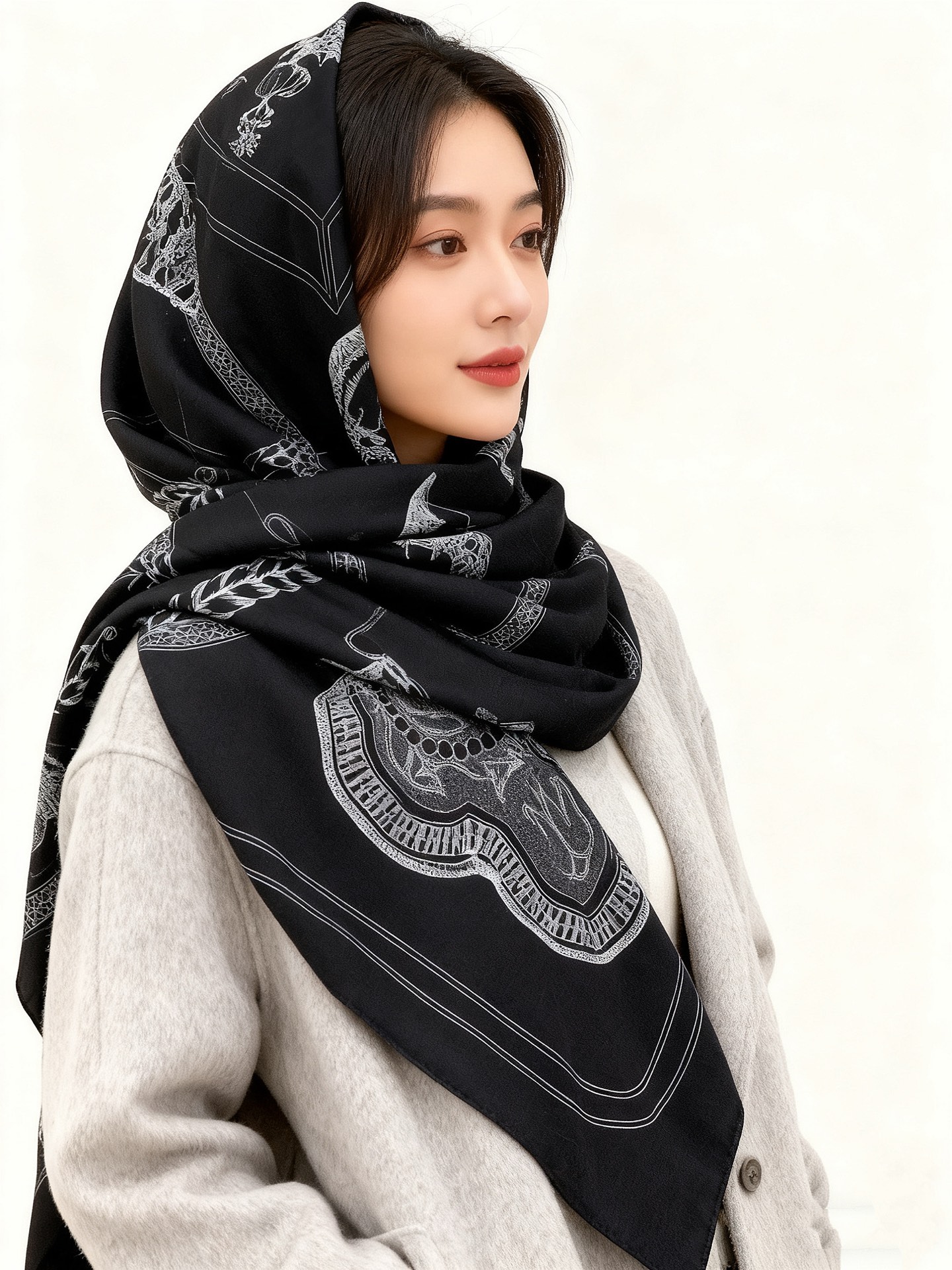 “盛宴”140厘米丝绒高级黑方巾【双面同色】手工卷边丝绒真丝方巾（30%真丝70%羊绒）这款典藏方巾展现