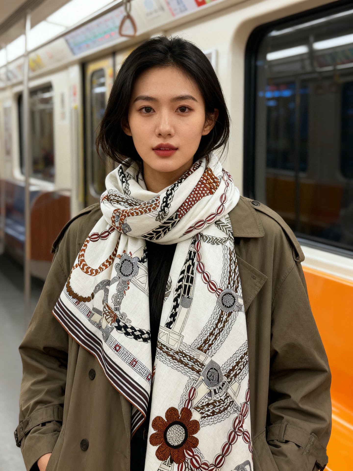 “编织鞍带”140方巾～Hermes 手工卷边丝绒方巾（30%桑蚕丝70%羊绒）这款爱马仕的经典单品展现