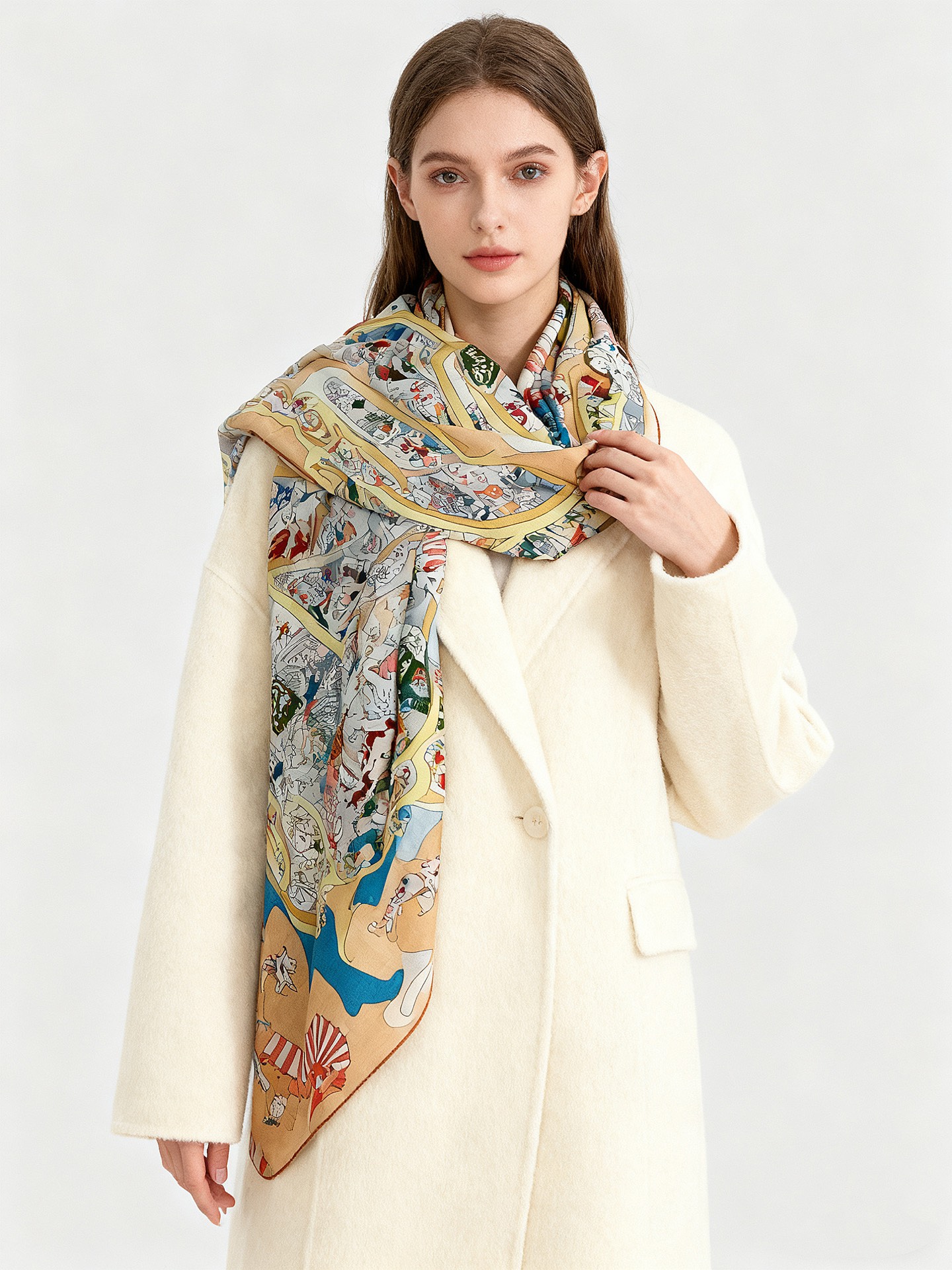 “马术学院”140双面同色丝绒披肩～Hermes 手工卷边丝绒方巾（30%桑蚕丝70%羊绒）这款爱马仕的