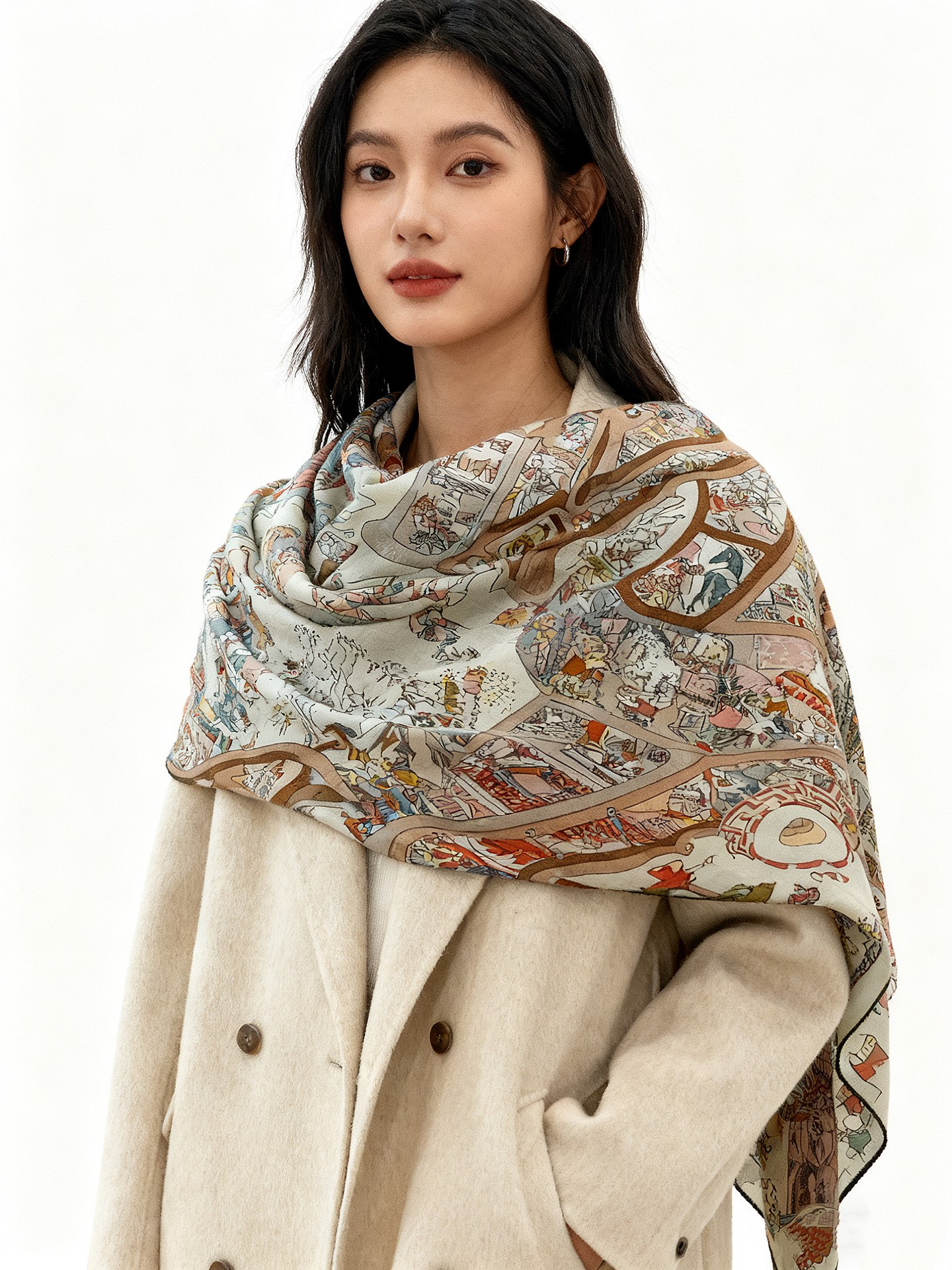 “马术学院”140双面同色丝绒披肩～Hermes 手工卷边丝绒方巾（30%桑蚕丝70%羊绒）这款爱马仕的