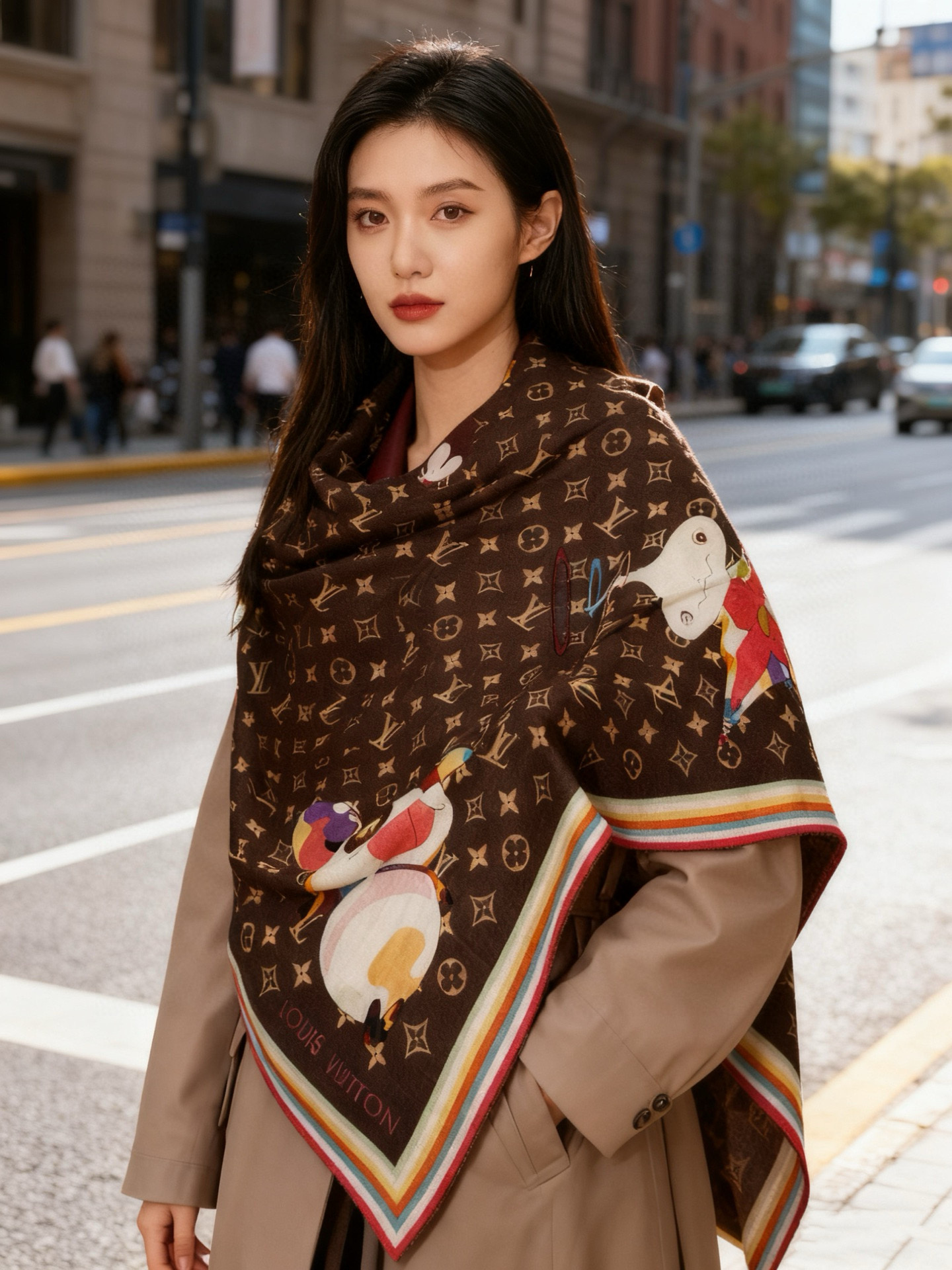 NO:581169,LV x TM SUPERFLAT velvet square scarf [silk cashmere double-sided same color shawl] LV x TM Monogram Superflat Characters velvet square scarf is from the Louis Vuitton x Takashi Murakami collaboration series. The full-frame Monogram pattern background sets off the artist's anime-style panda image and its playmates, with contrasting edges and Louis Vuitton logo. The modern design can brighten various looks. 135*135 cm (height x length)  30% mulberry silk 70% cashmere 'Super flat' image printing Full Monogram inkjet printing Louis Vuitton logo high version scarf, high version scarf, louis vuitton, louis vuitton, real silk, shawls19860909LV x TM SUPERFLAT 丝绒方巾【真丝羊绒双面同色披肩】 LV x TM Monogram Superflat Characters 丝绒方巾出自路易威登 x 村上隆合作系列,以全幅 Monogram 图案背景映衬艺术家笔下动漫风格的熊猫形象及其玩伴,搭配撞色边缘和路易威登标识.摩登设计可点亮各式造型. 135*135厘米 (高 x 长度) 30桑蚕丝70羊绒 “超扁平”形象印花 全幅 Monogram 喷墨印制 路易威登标识高版本围巾,高版本围巾,louis vuitton,louis vuitton,real silk,shawls,scarf