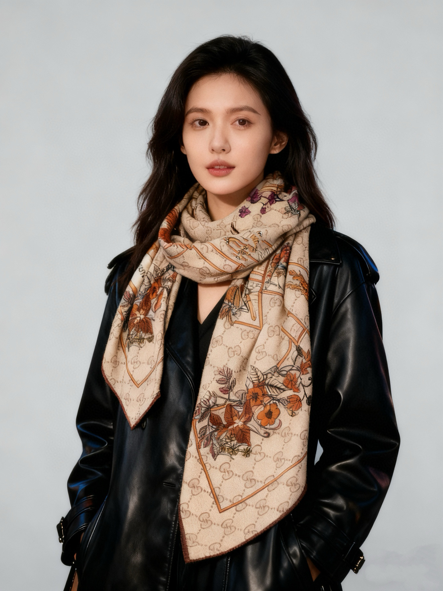 Gucci新款方巾 Gucci动物和花卉印花品牌典藏图案在与全新醒目印花的衬托下熠熠生辉。这款方巾匠心缀