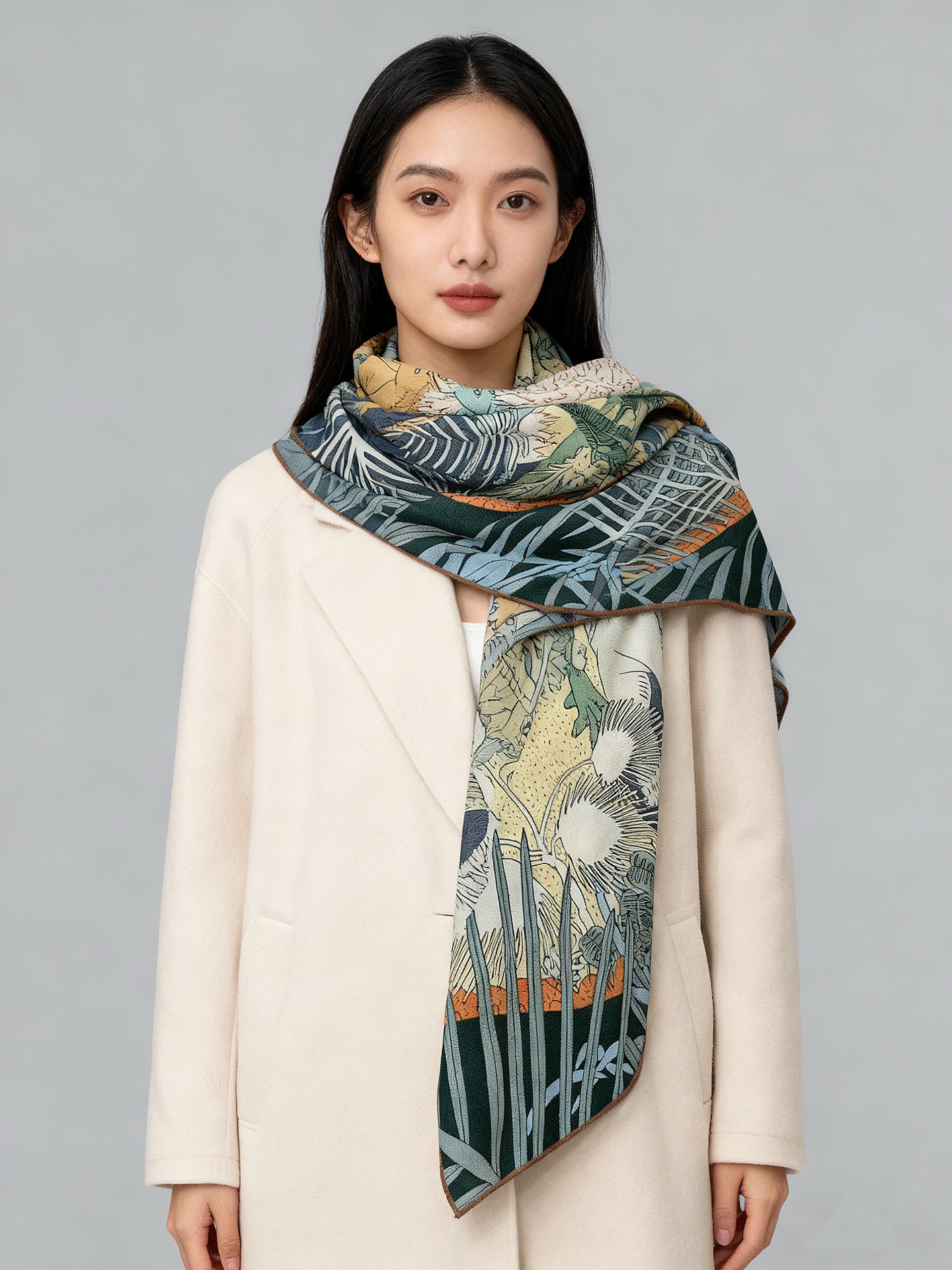 爱马仕～秋冬搭配利器❗️顶级双面同色真丝羊绒披肩！！1条等于2条】点睛精彩，图案和配色都超级喜欢，又一款