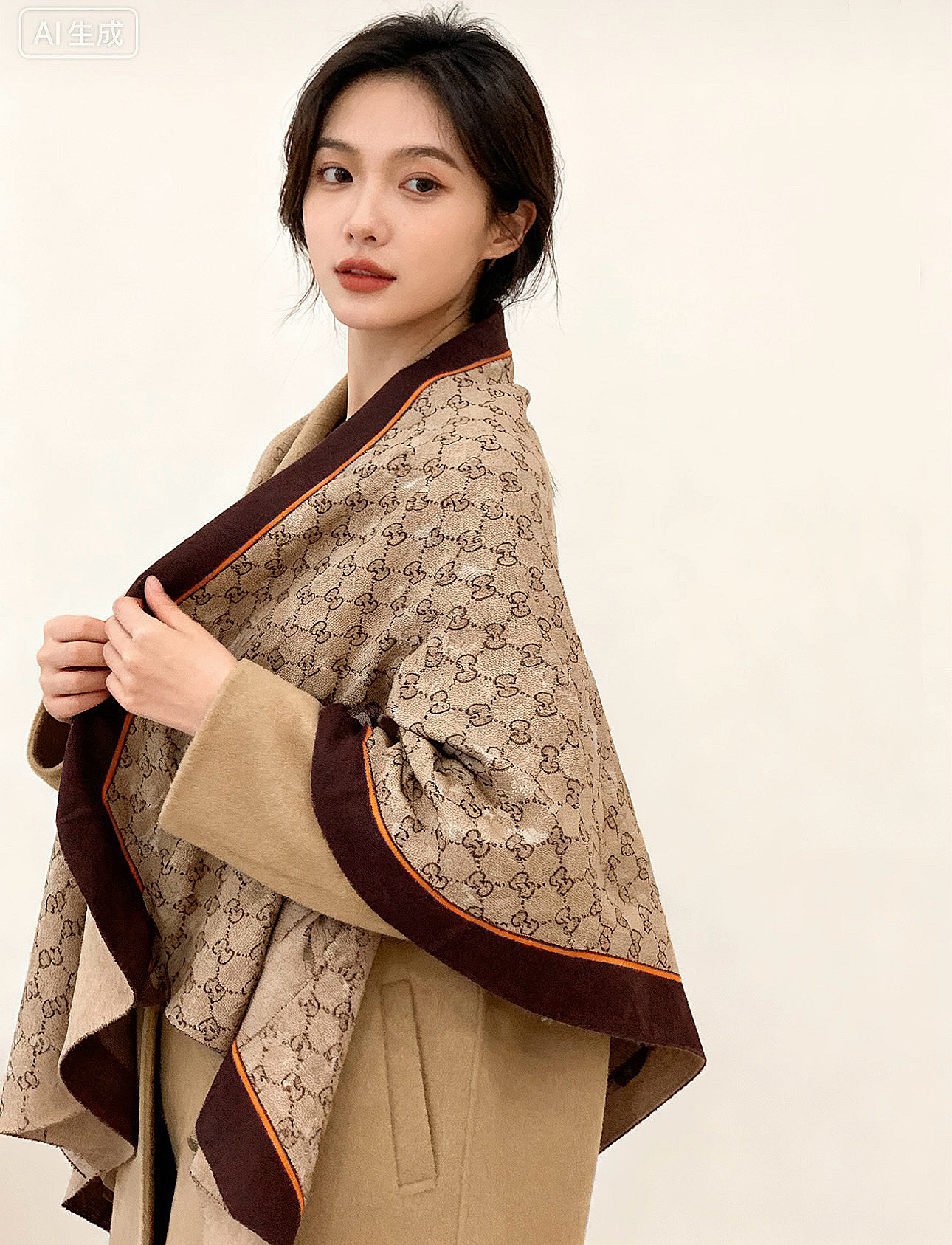 Gucci~140双面丝绒披肩马衔扣细节和GG图案以精致色调匠心呈献，意在向品牌与马术世界的深厚渊源致敬