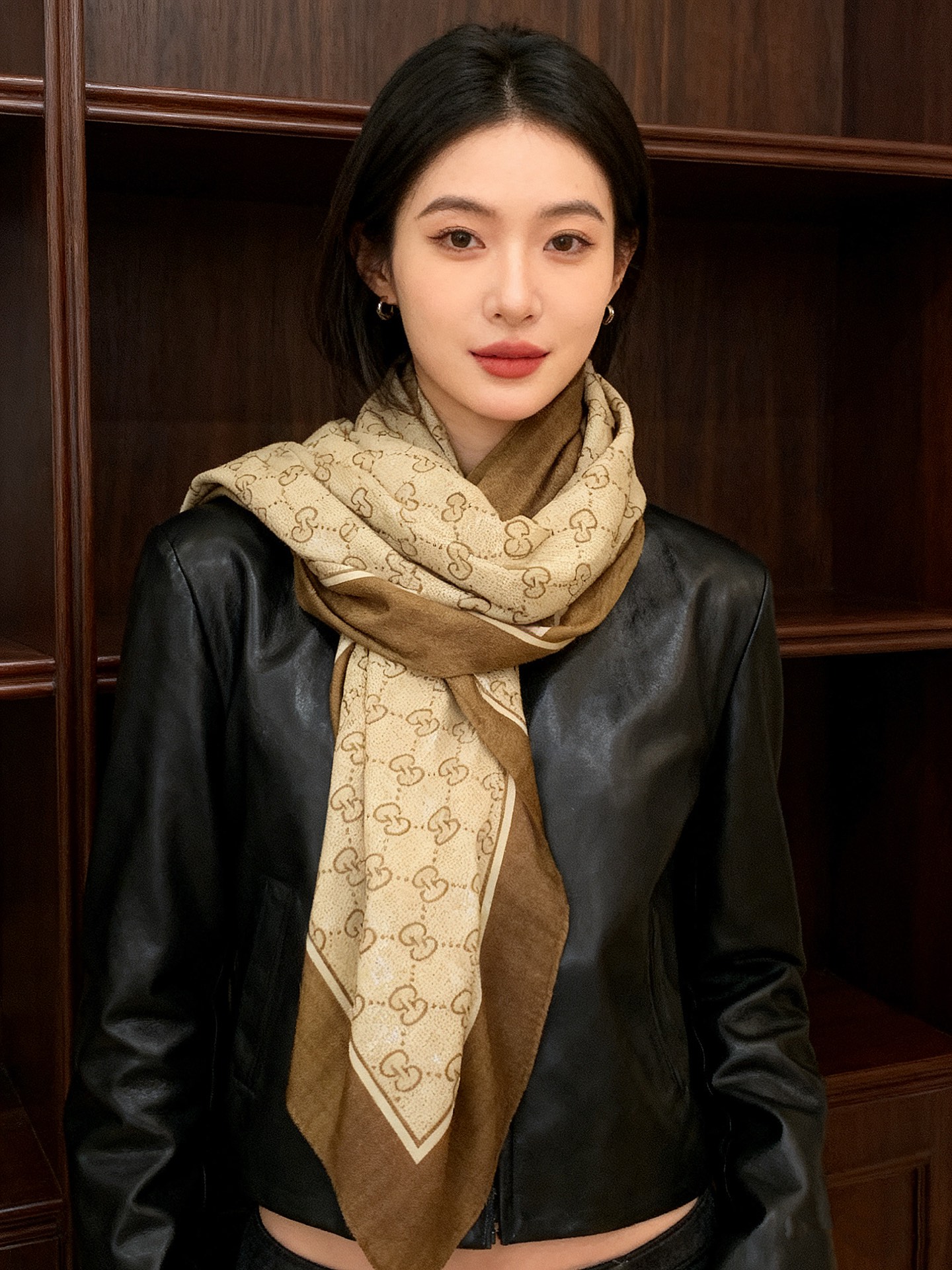 Gucci~140双面丝绒披肩马衔扣细节和GG图案以精致色调匠心呈献，意在向品牌与马术世界的深厚渊源致敬