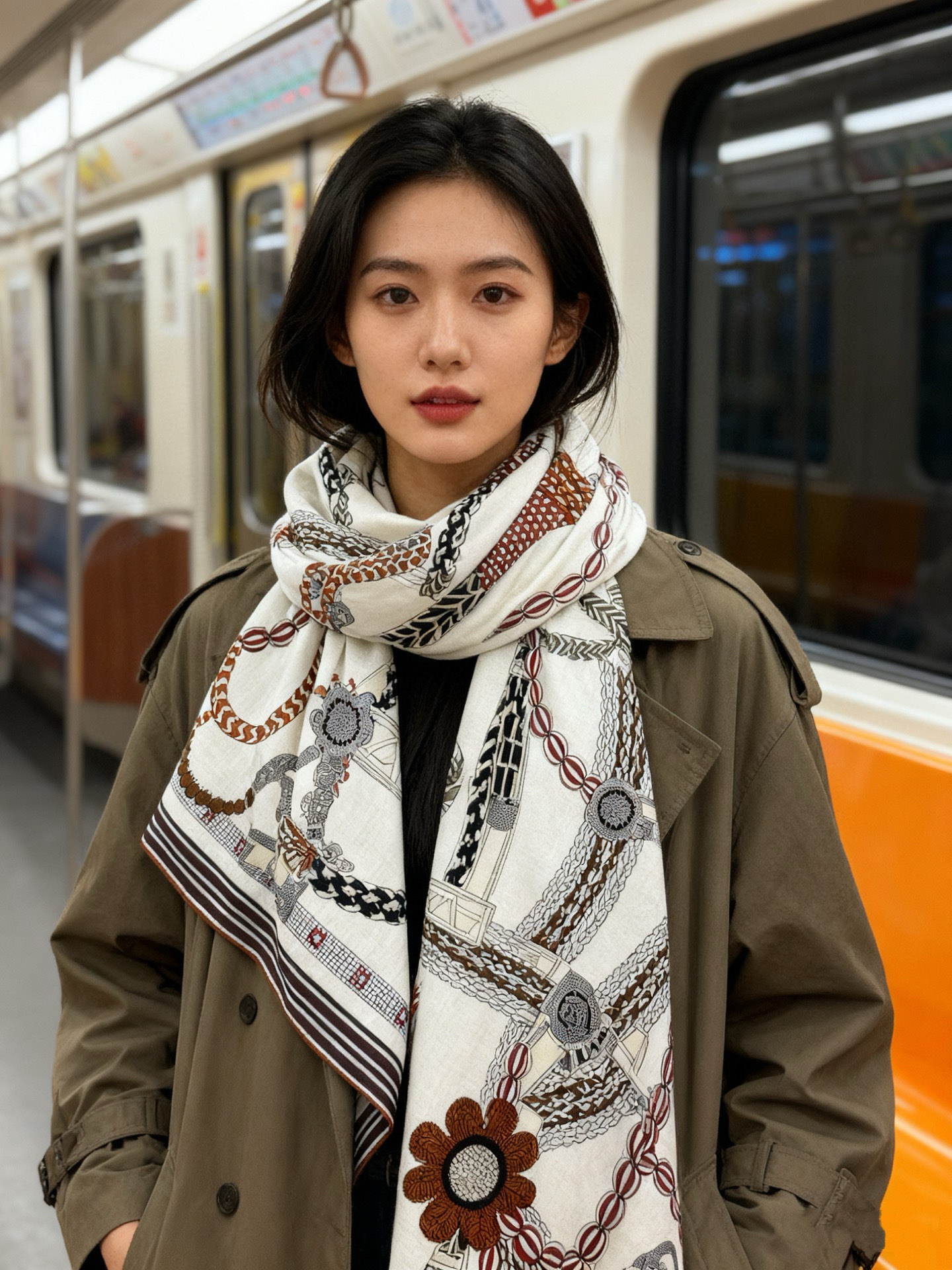 “编织鞍带”140方巾～Hermes 手工卷边丝绒方巾（30%桑蚕丝70%羊绒）这款爱马仕的经典单品展现