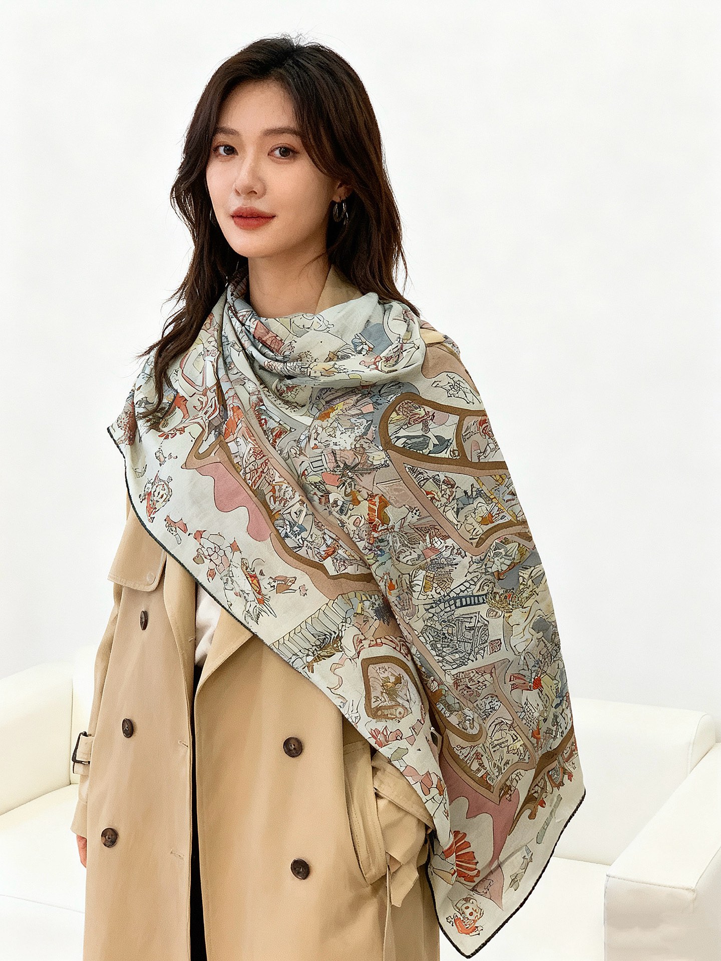 “马术学院”140双面同色丝绒披肩～Hermes 手工卷边丝绒方巾（30%桑蚕丝70%羊绒）这款爱马仕的