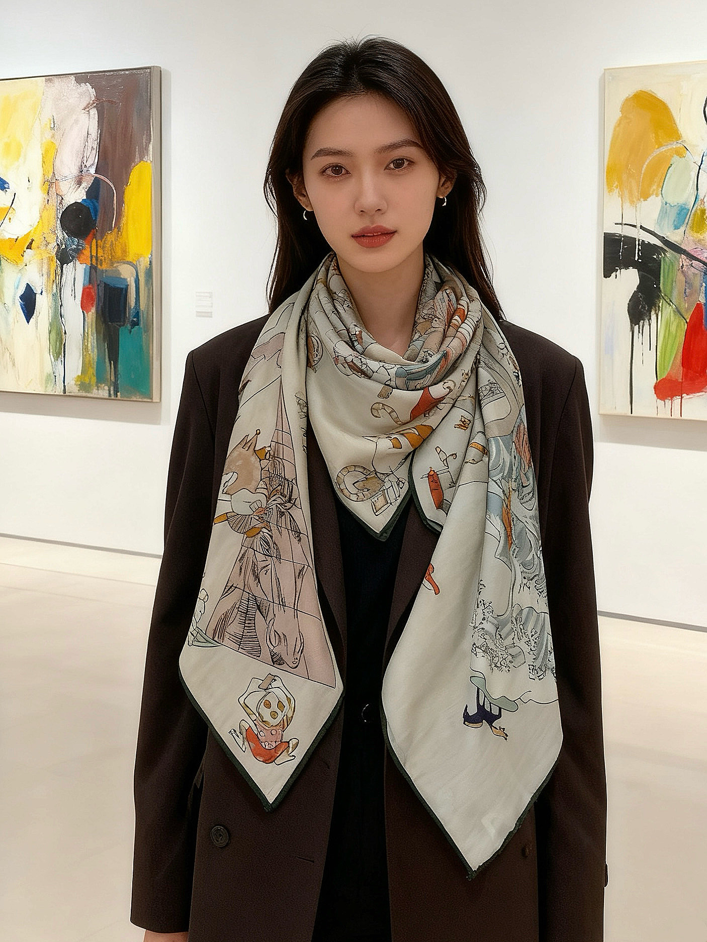 “马术学院”140双面同色丝绒披肩～Hermes 手工卷边丝绒方巾（30%桑蚕丝70%羊绒）这款爱马仕的