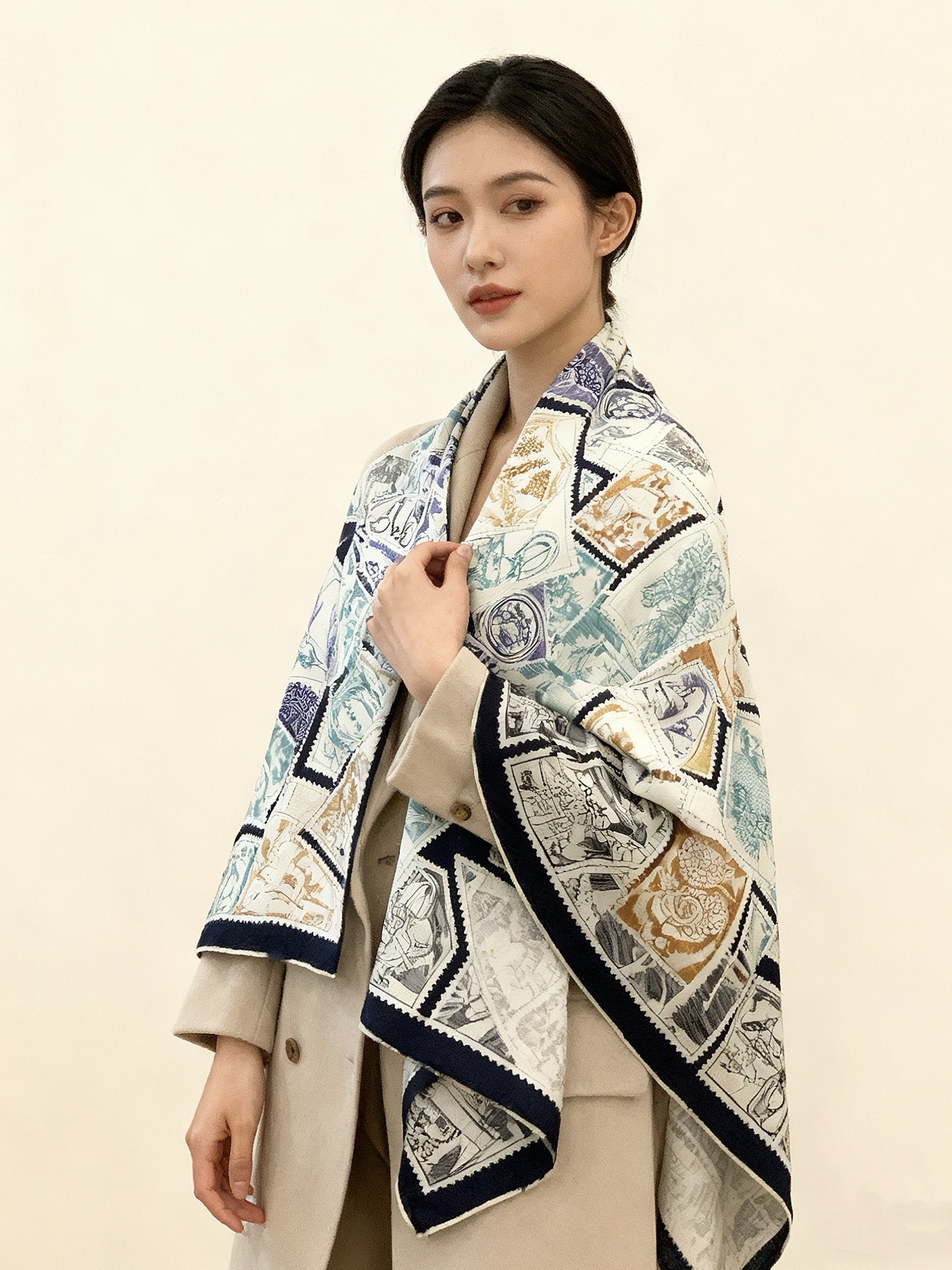 💟2025年秋冬抢先 上新💞【双面同色丝毛绒方巾】手工卷边山羊绒和真丝混纺披肩（70%山羊绒，30%桑蚕